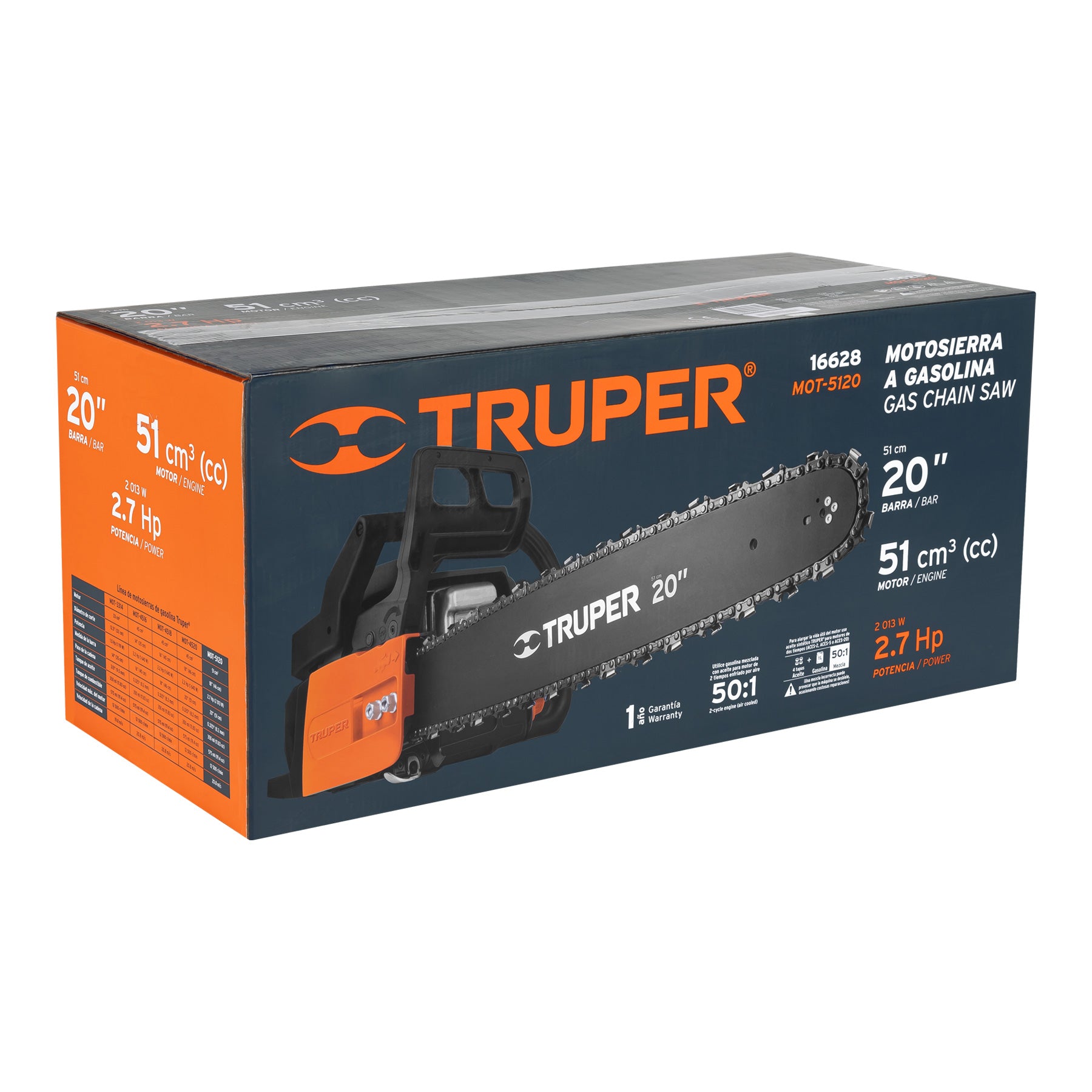 Motosierra 51 cc a gasolina con barra de 20", TRUPER