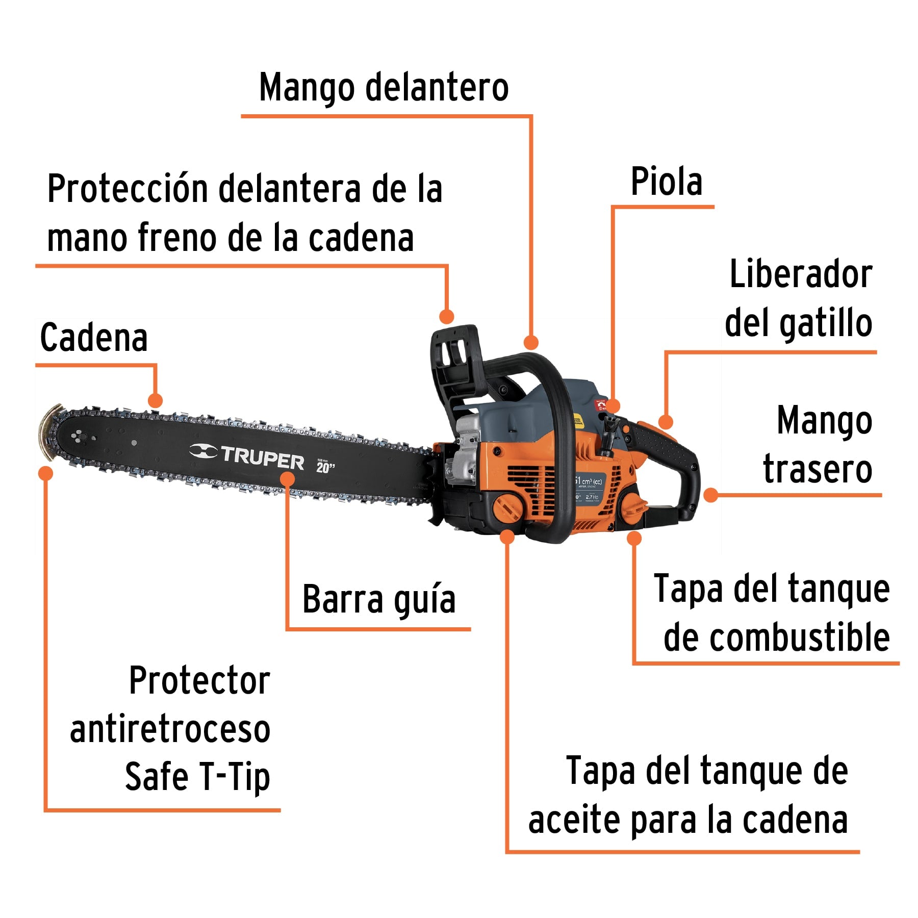 Motosierra 51 cc a gasolina con barra de 20", TRUPER