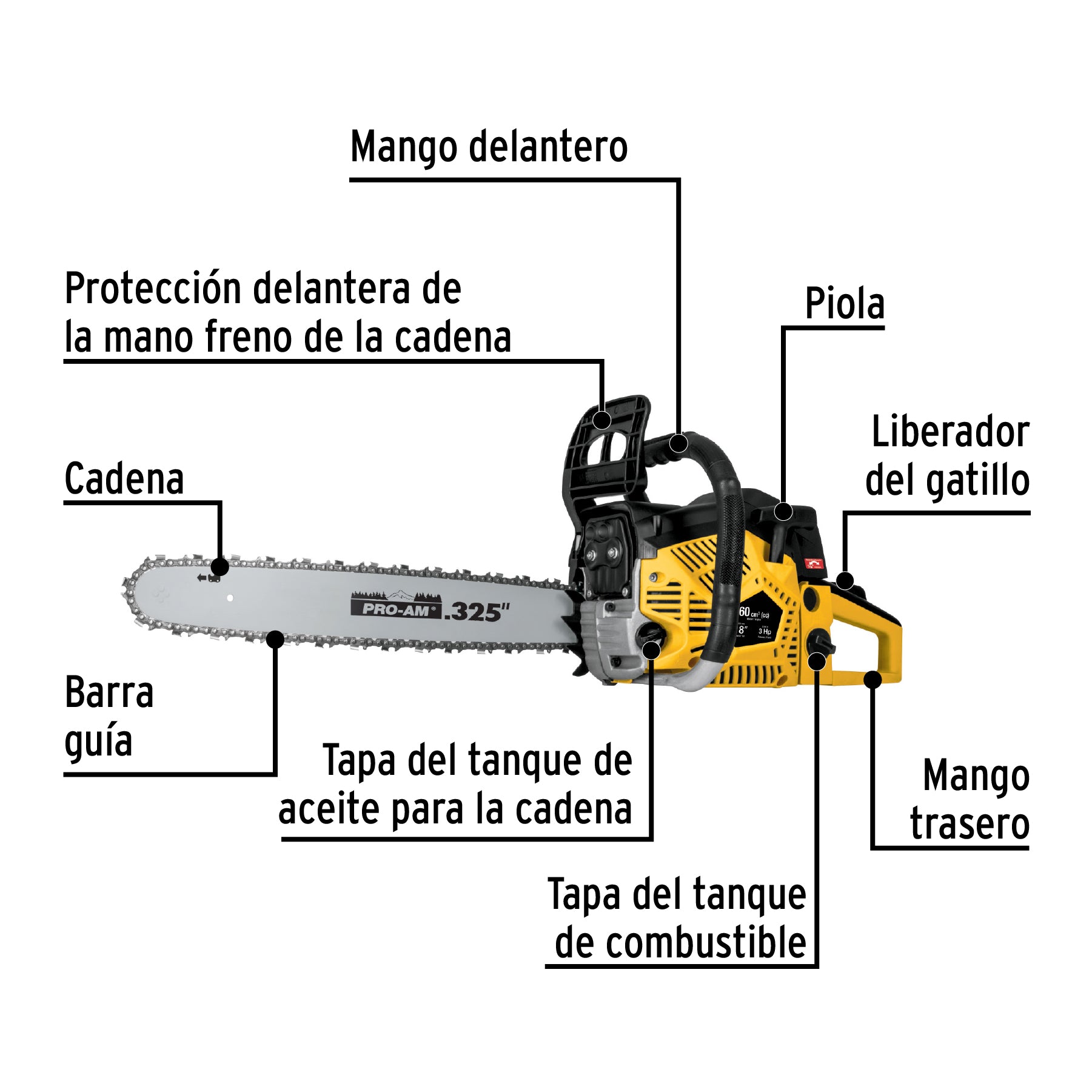 Motosierra 60 cc a gasolina con barra de 18", PRETUL