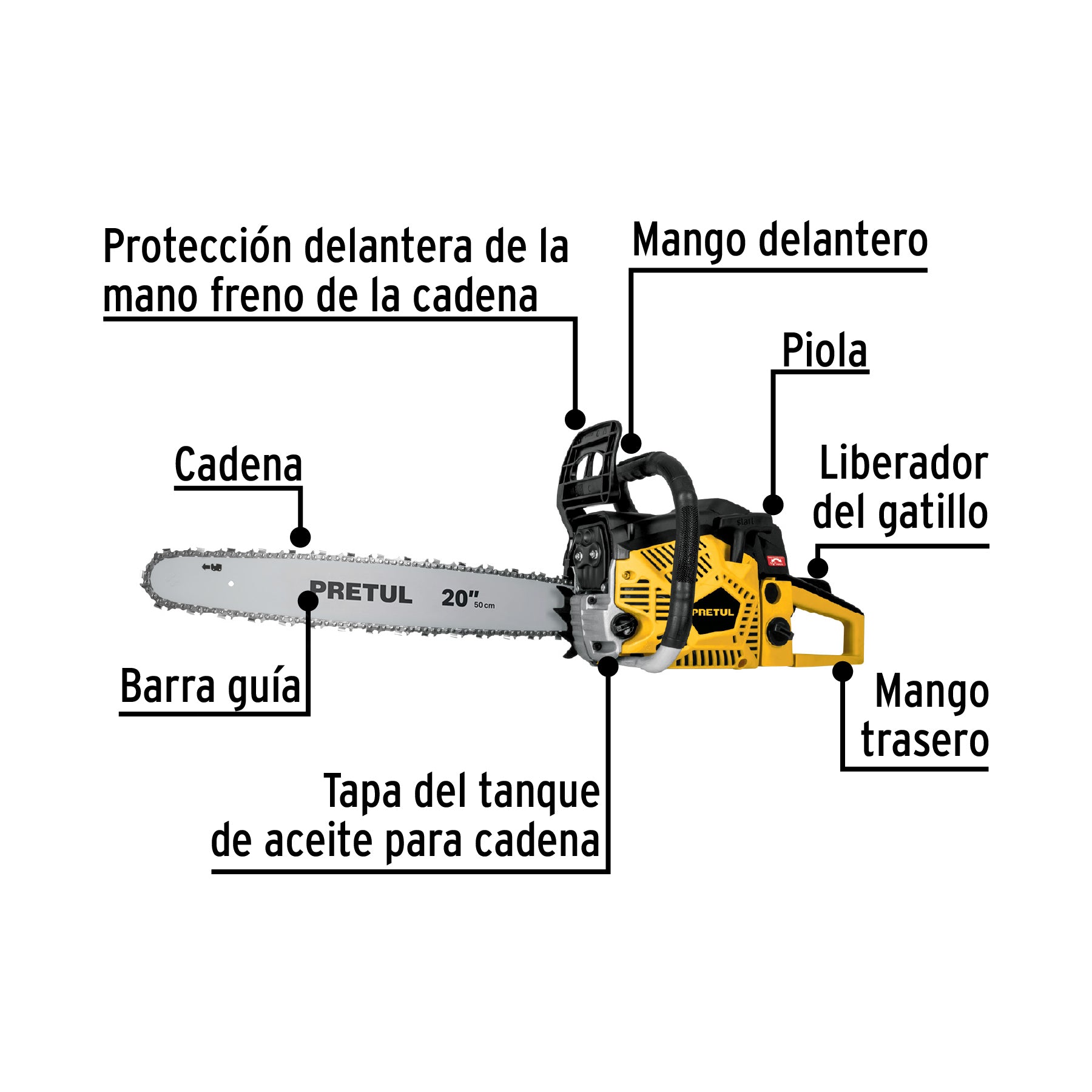Motosierra 60 cc a gasolina con barra de 20", PRETUL
