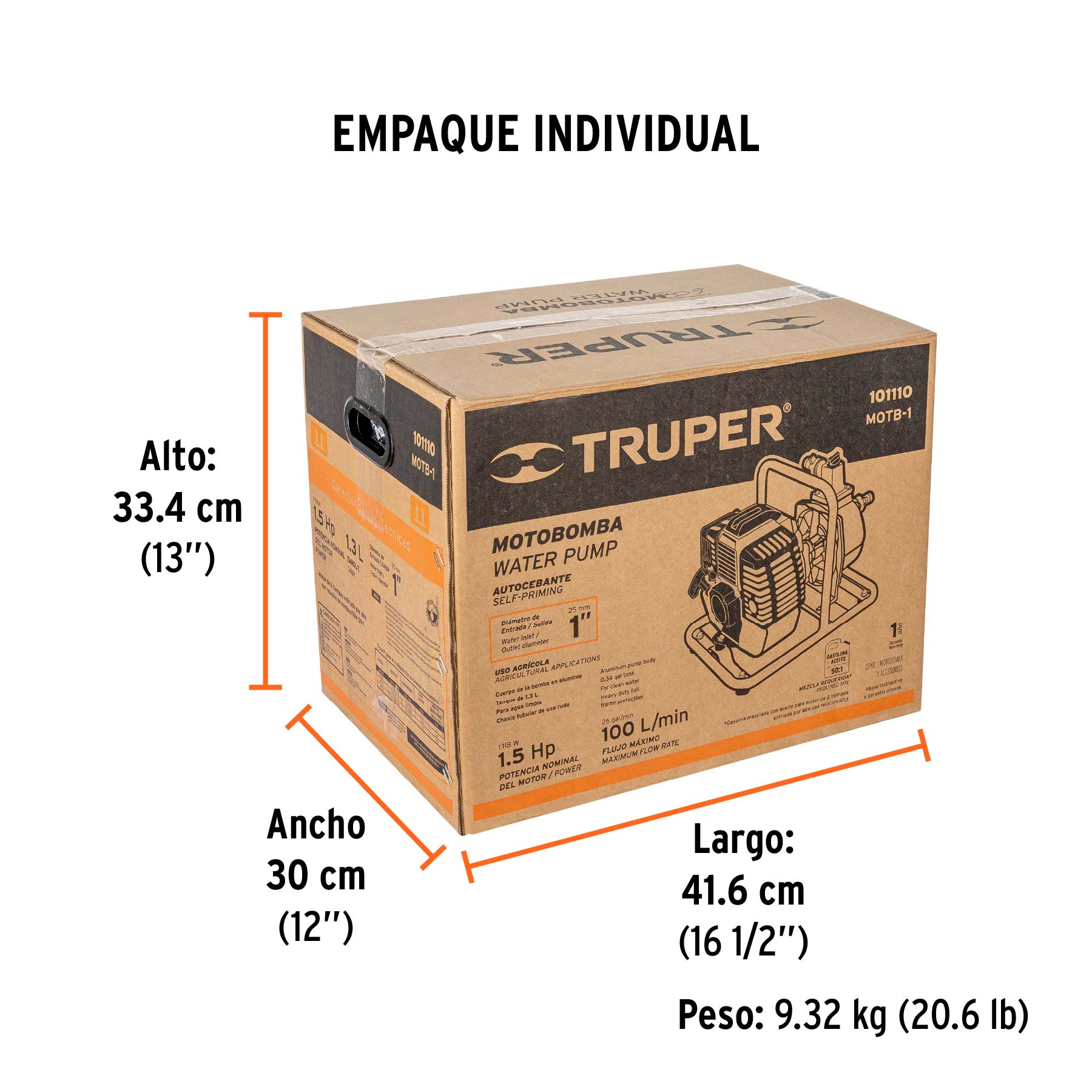 Motobomba autocebante 1"x1", gas. 1-1/2HP, agrícola, TRUPER - Empaque