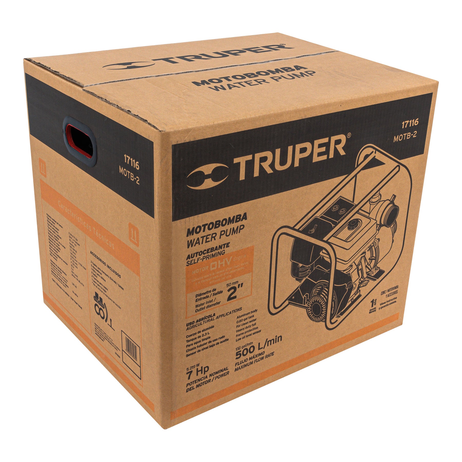 Motobomba autocebante 2"x2", gasolina 7HP, agrícola, TRUPER
