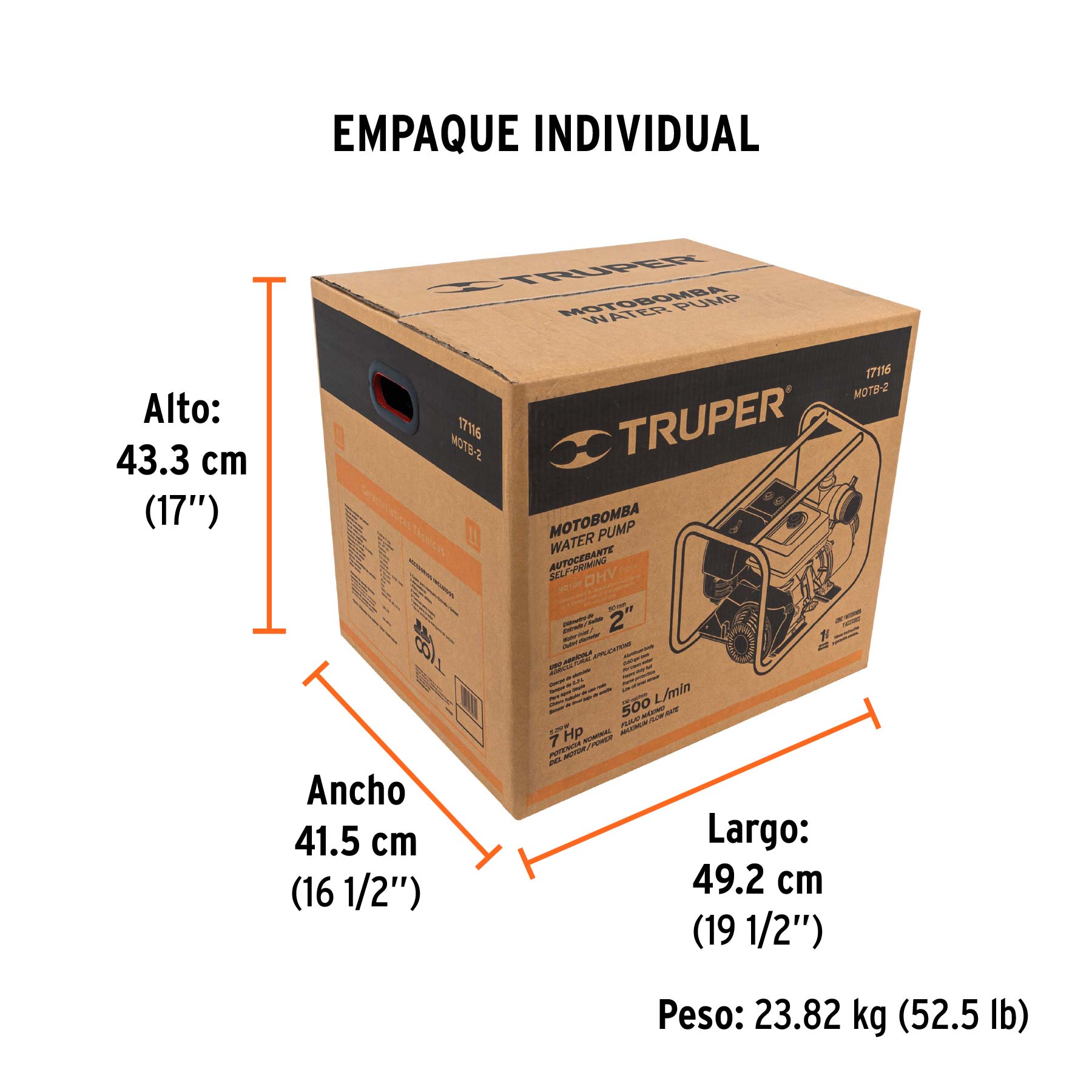 Motobomba autocebante 2"x2", gasolina 7HP, agrícola, TRUPER - Empaque
