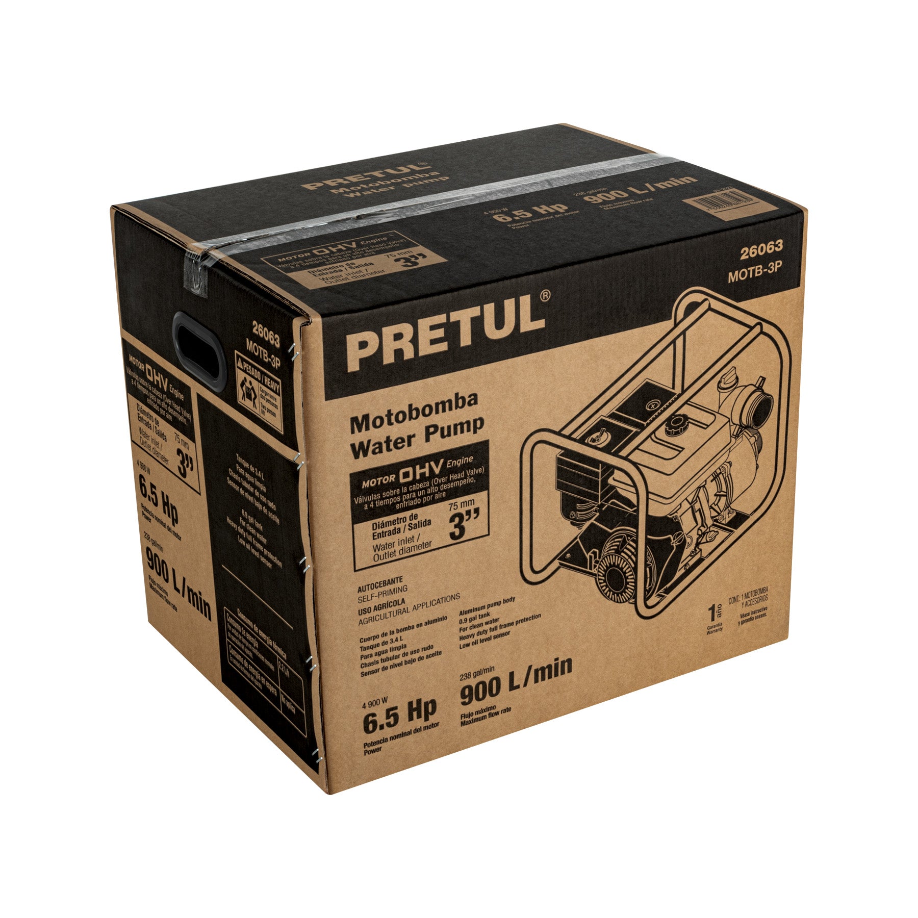 Motobomba autocebante 3"x3", gas. 6-1/2HP, agrícola, PRETUL