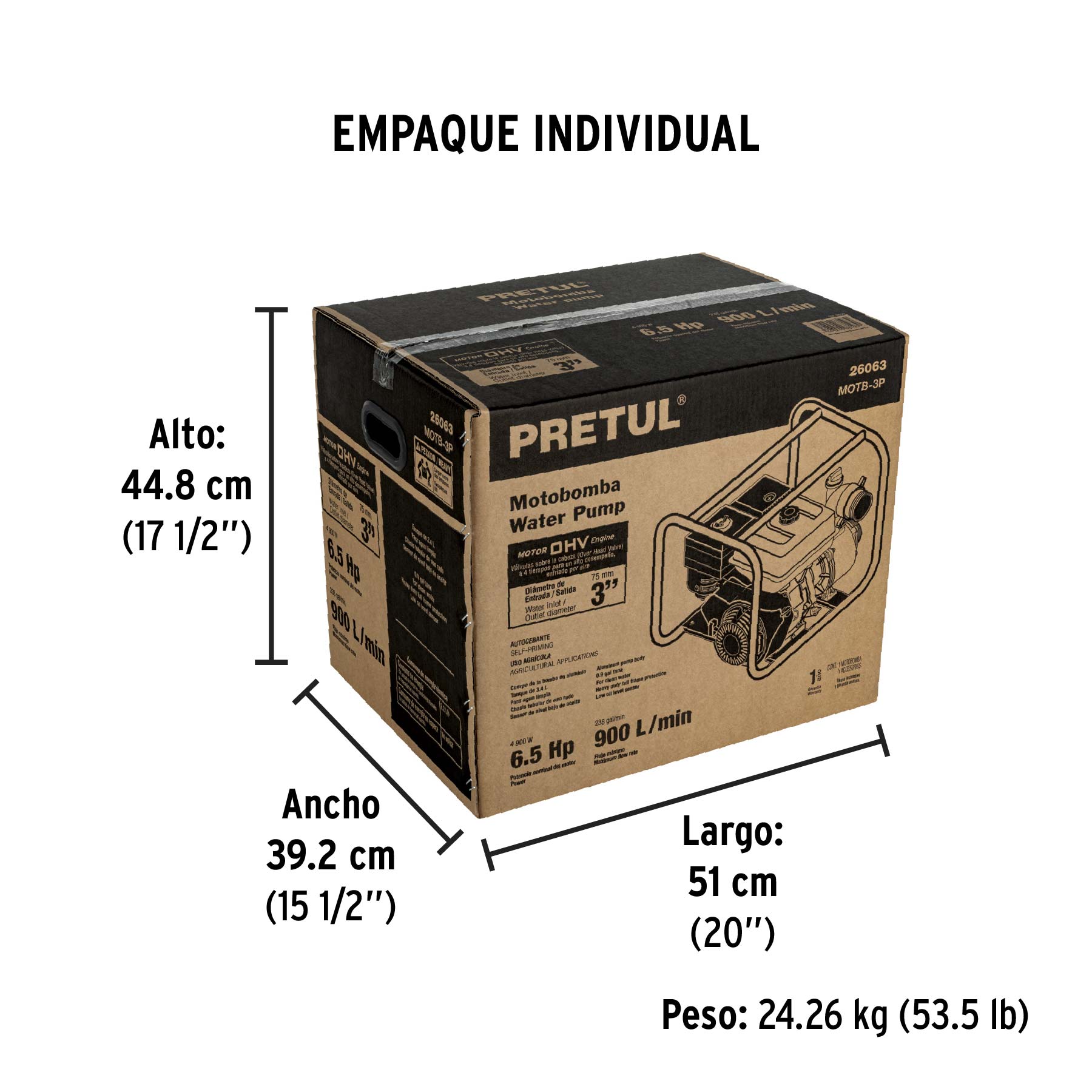 Motobomba autocebante 3"x3", gas. 6-1/2HP, agrícola, PRETUL - Empaque