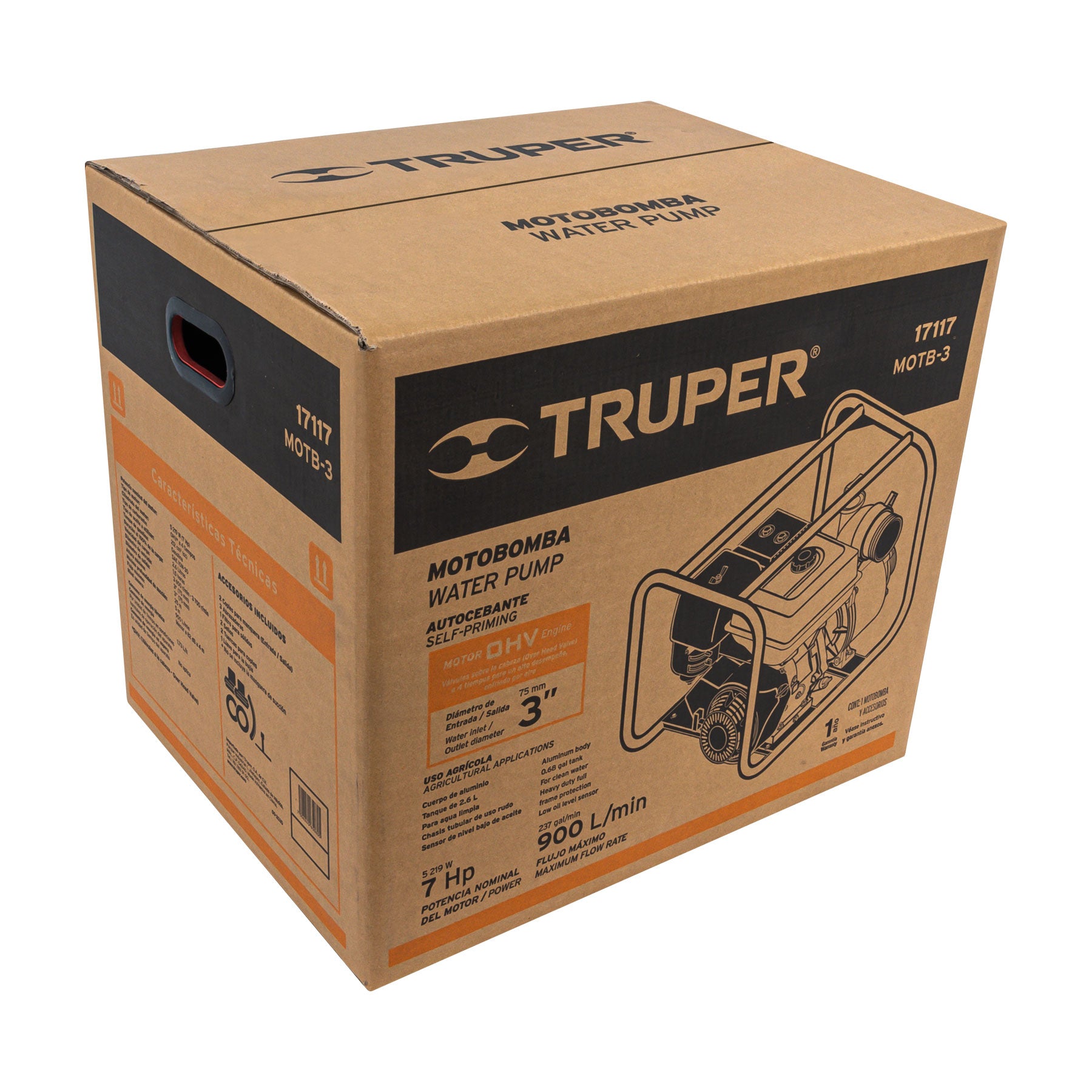 Motobomba autocebante 3"x3", gasolina 7HP, agrícola, TRUPER