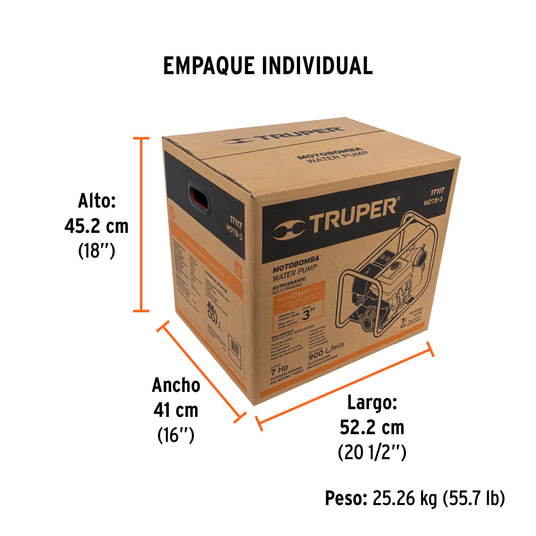 Motobomba autocebante 3"x3", gasolina 7HP, agrícola, TRUPER - Empaque