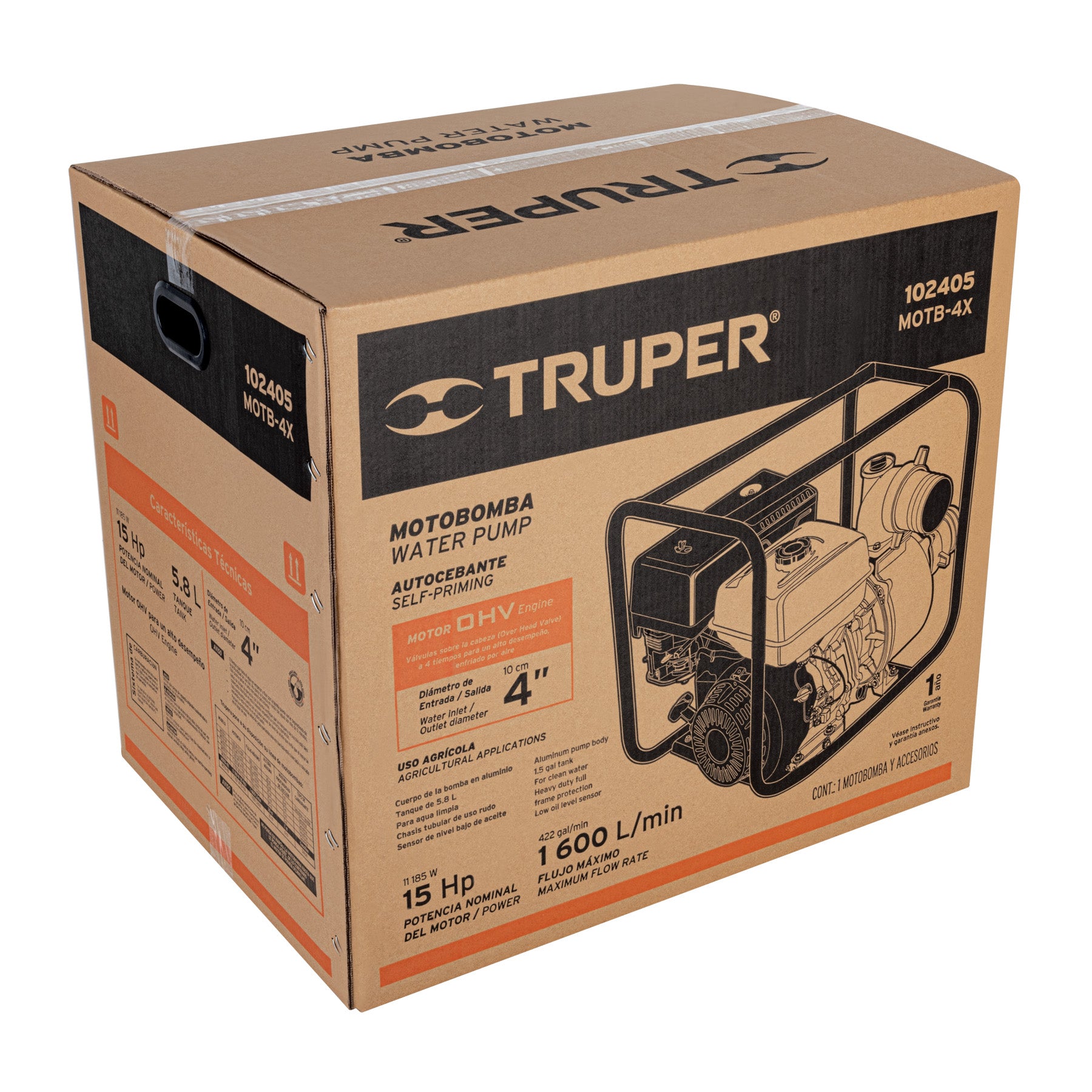 Motobomba autocebante 4"x4", gasolina 15HP, agrícola, TRUPER
