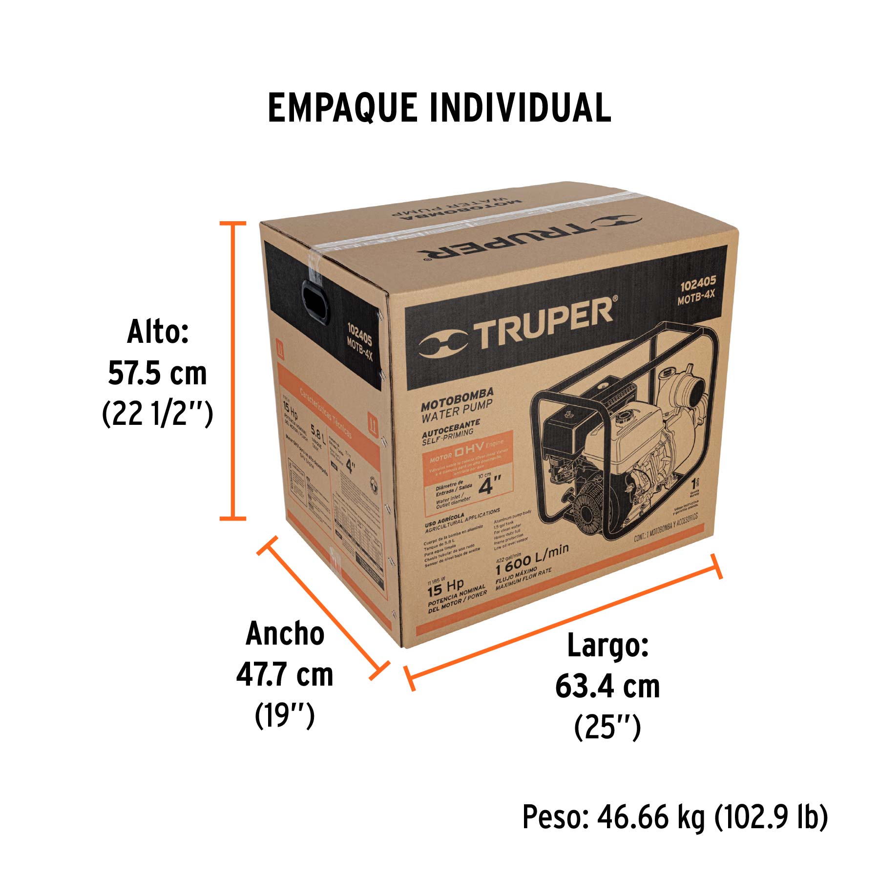 Motobomba autocebante 4"x4", gasolina 15HP, agrícola, TRUPER - Empaque