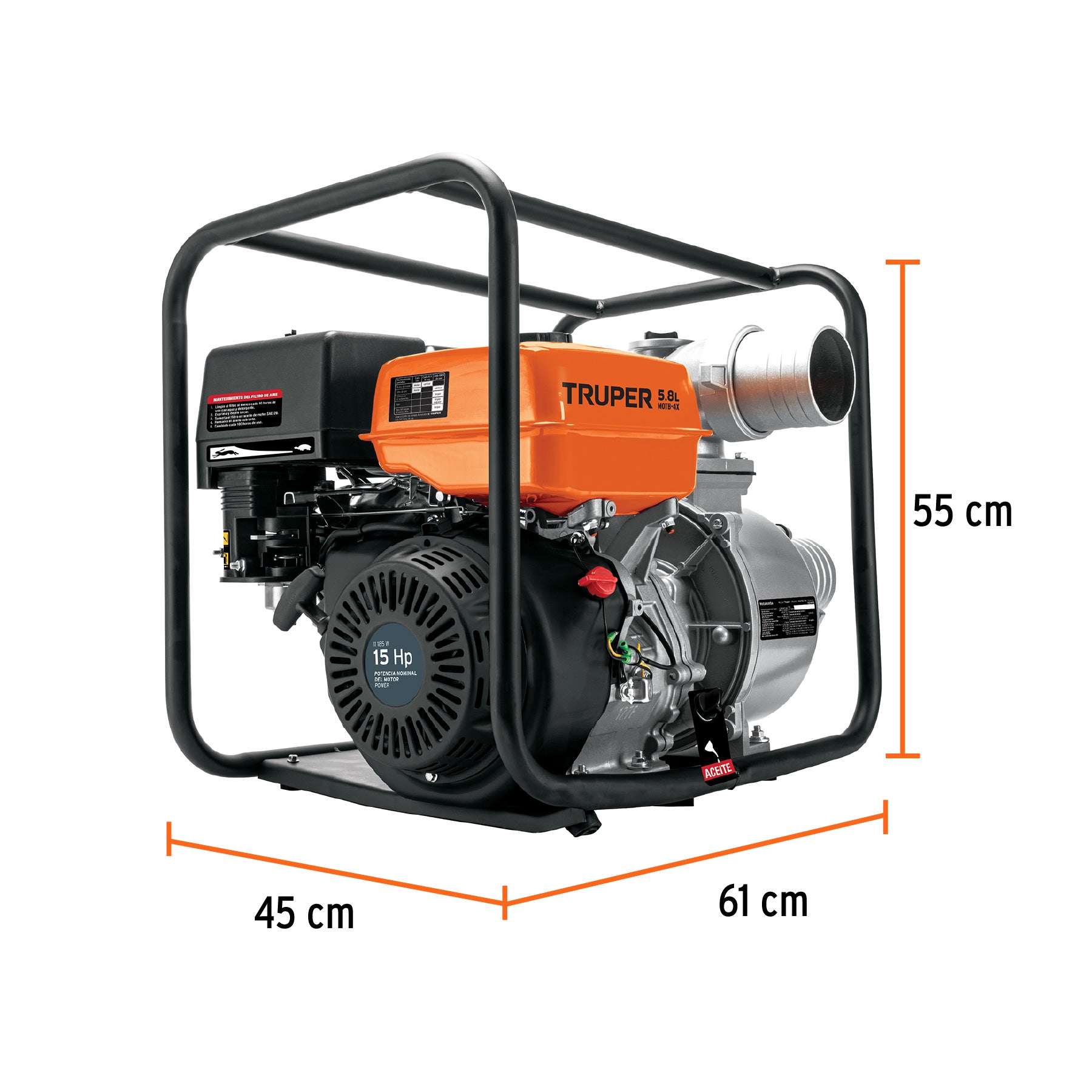 Motobomba autocebante 4"x4", gasolina 15HP, agrícola, TRUPER
