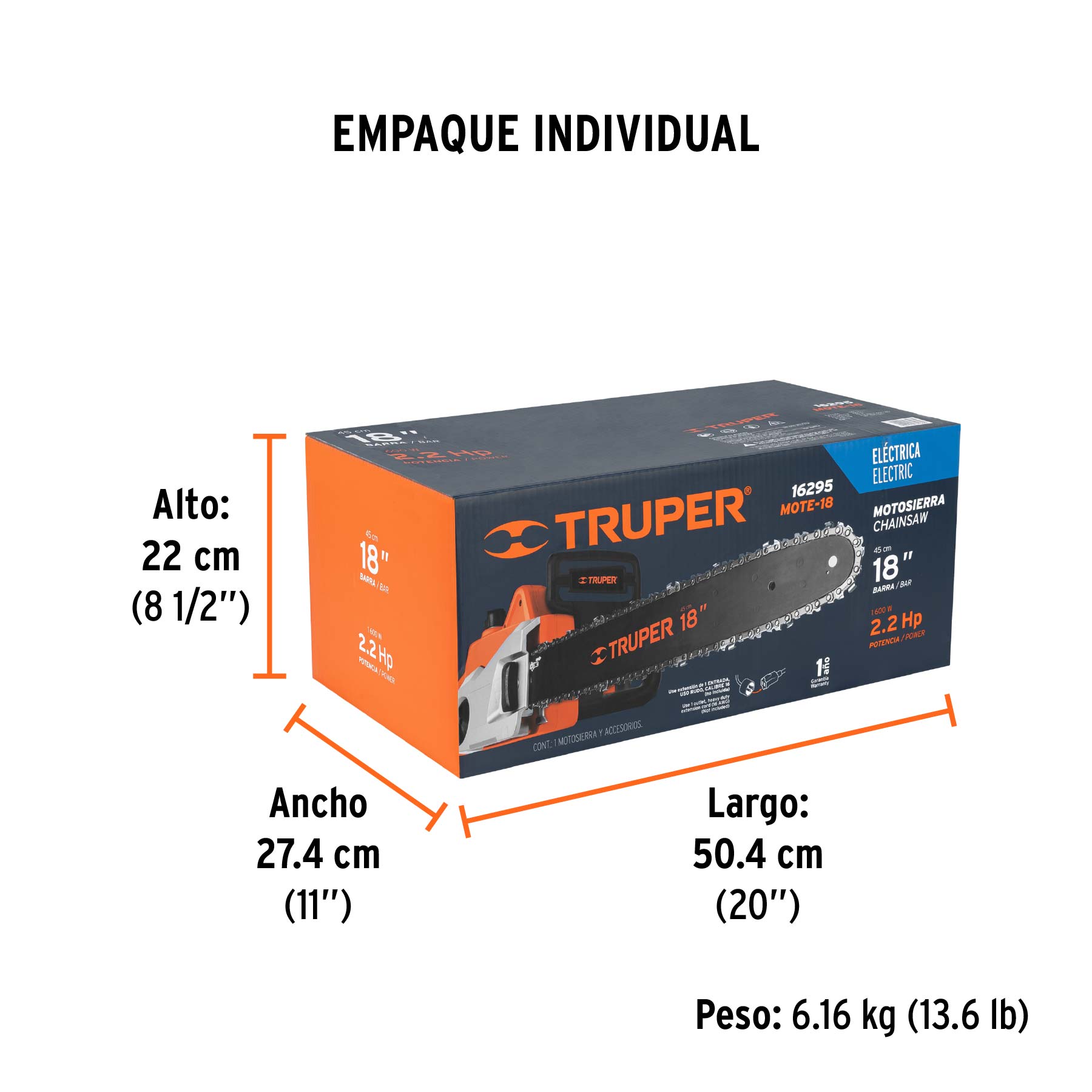 Motosierra eléctrica 1600 W con barra de 18", TRUPER - Empaque