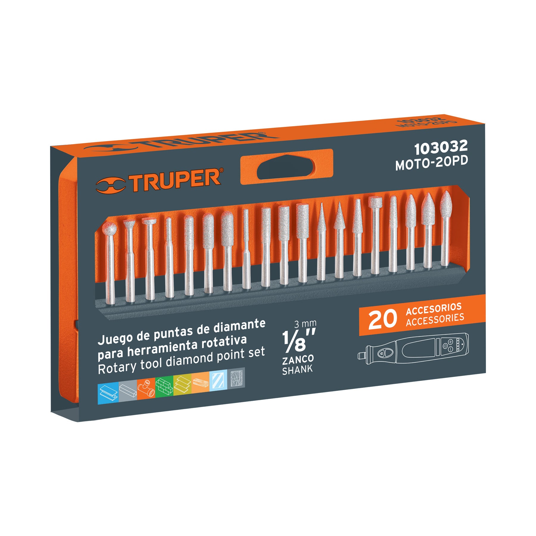 Kit de puntas diamantadas para herramienta rotativa, 20 pzas