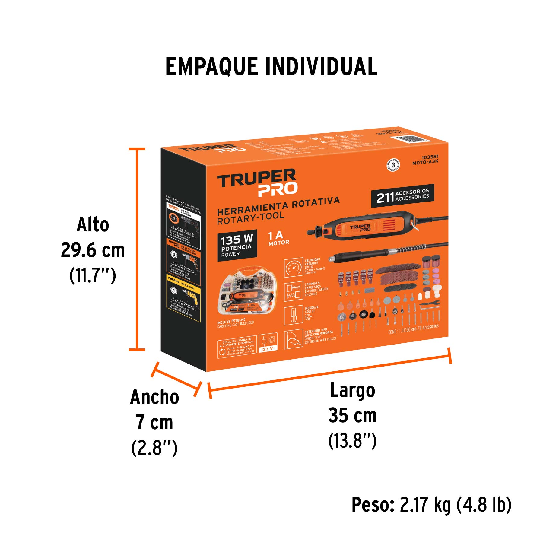 Herramienta rotativa 135W con 211 accesorios, TRUPER PRO - Empaque