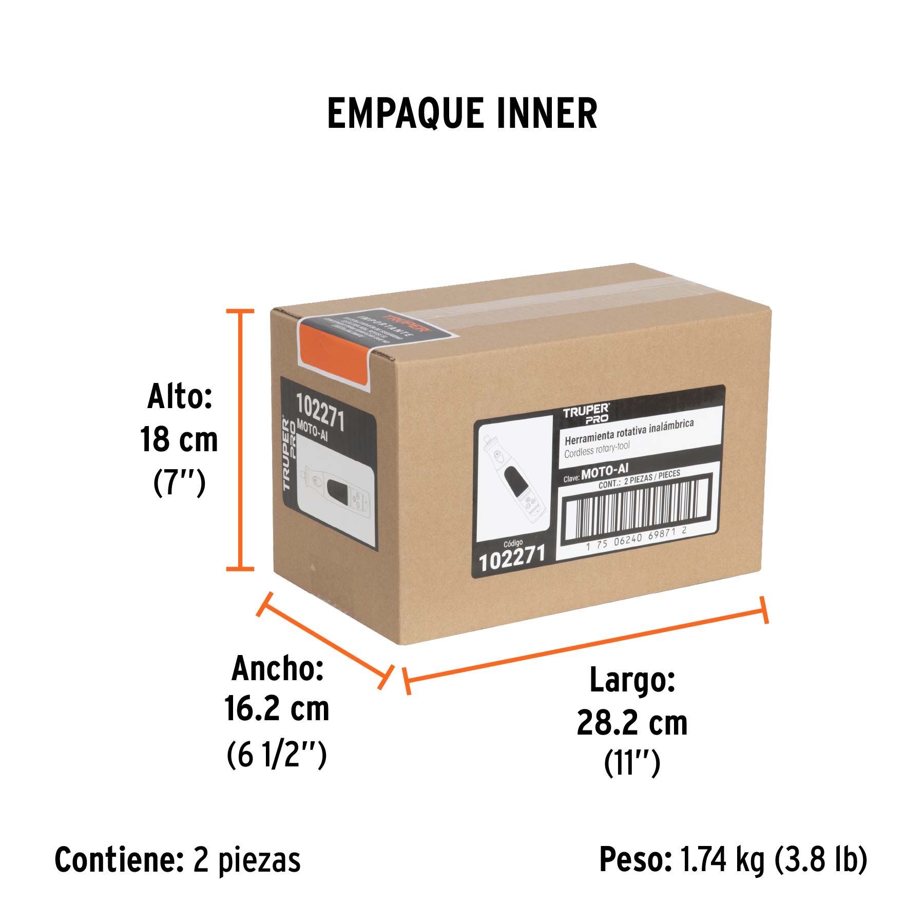 Herramienta rotativa inalámbrica 7.2V, TRUPER PRO - Empaque