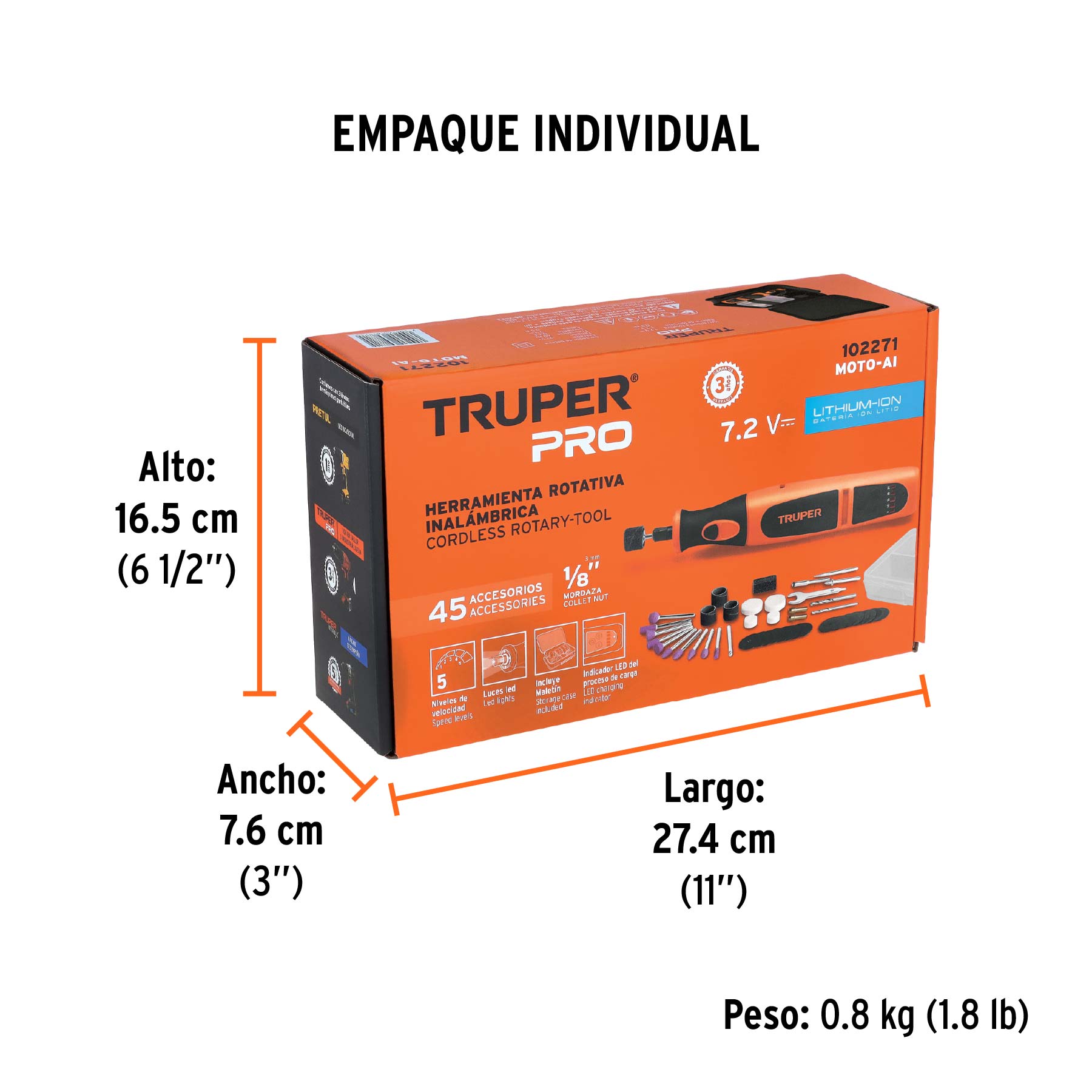 Herramienta rotativa inalámbrica 7.2V, TRUPER PRO - Empaque