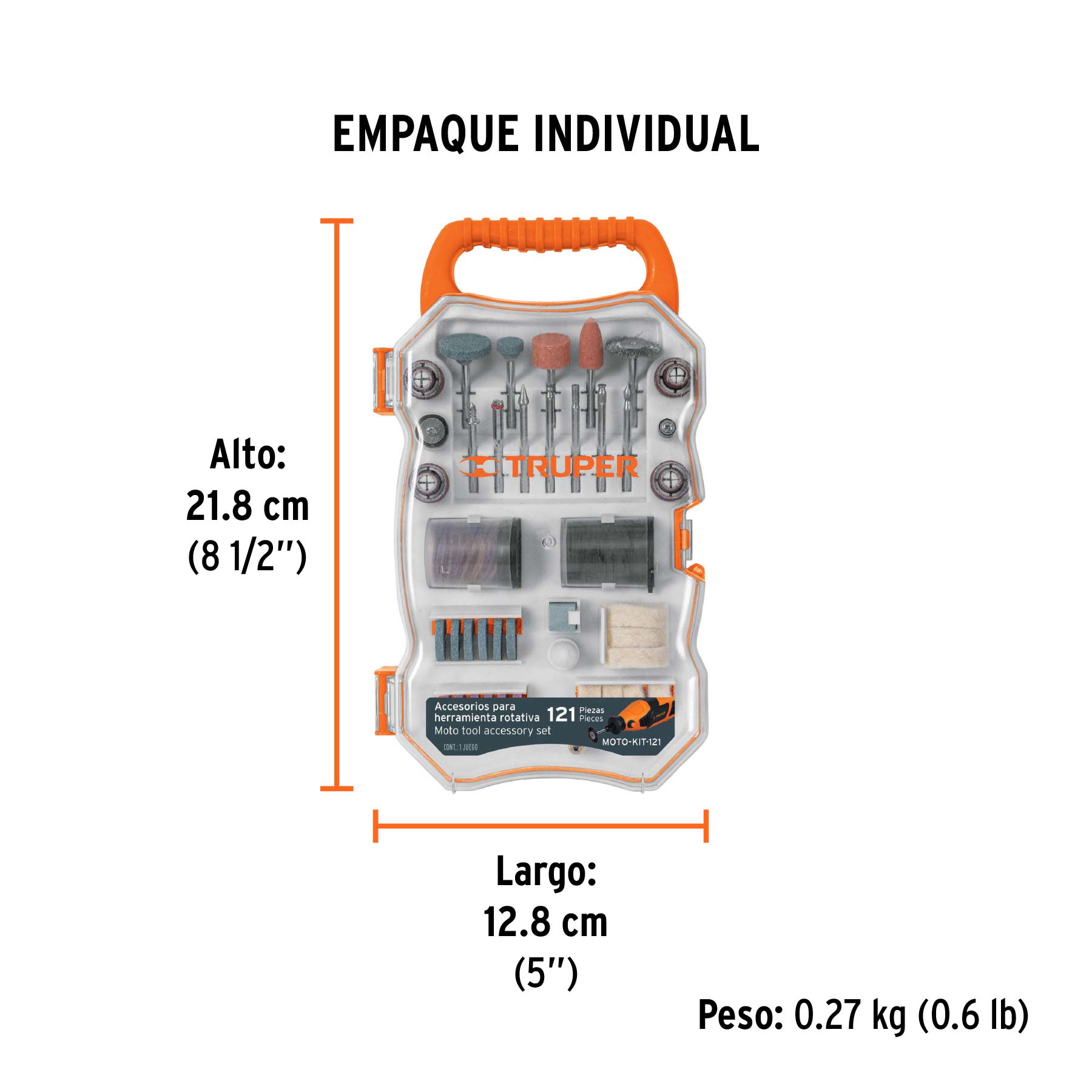 Kit accesorios para herramienta rotativa, 121 piezas, TRUPER - Empaque