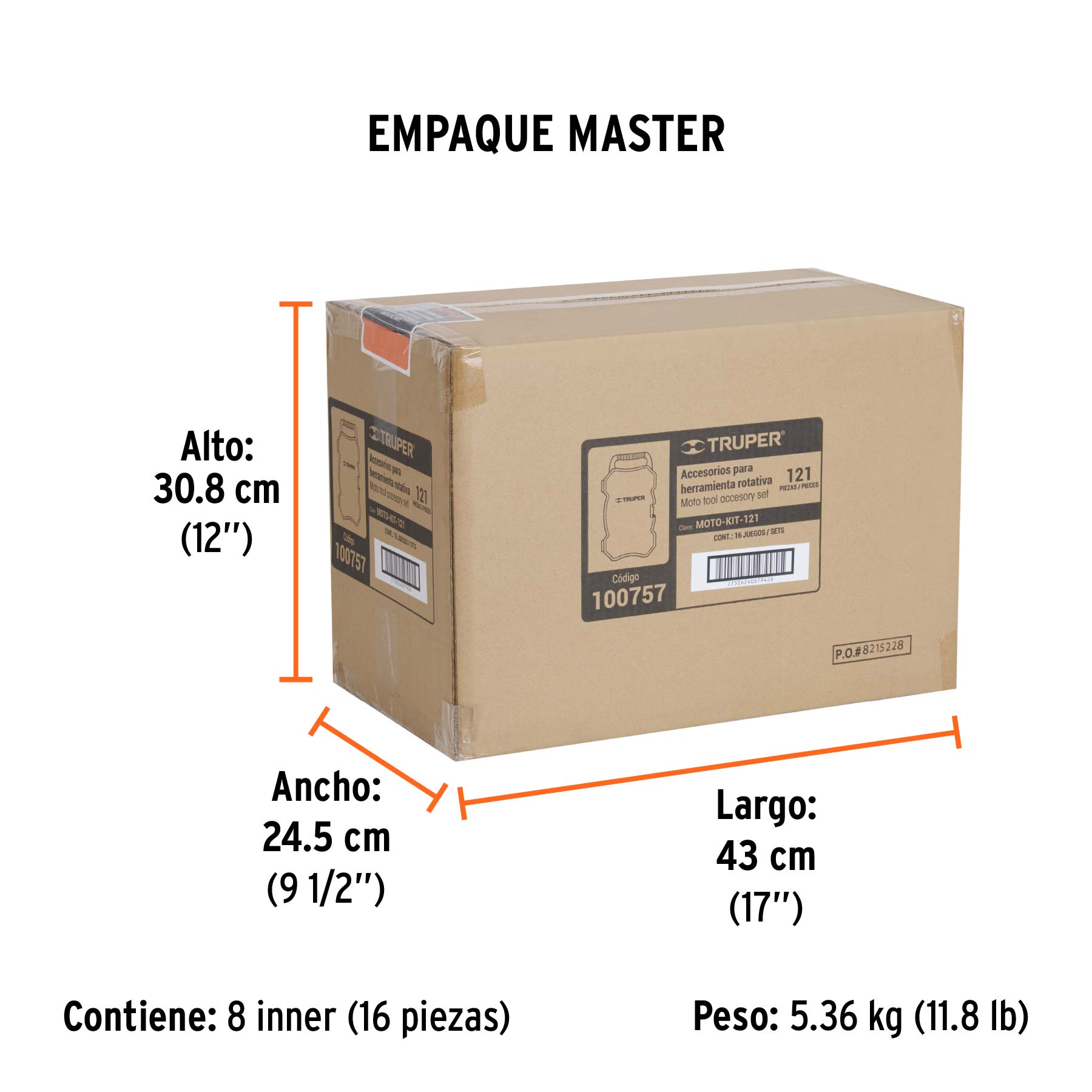 Kit accesorios para herramienta rotativa, 121 piezas, TRUPER - Empaque