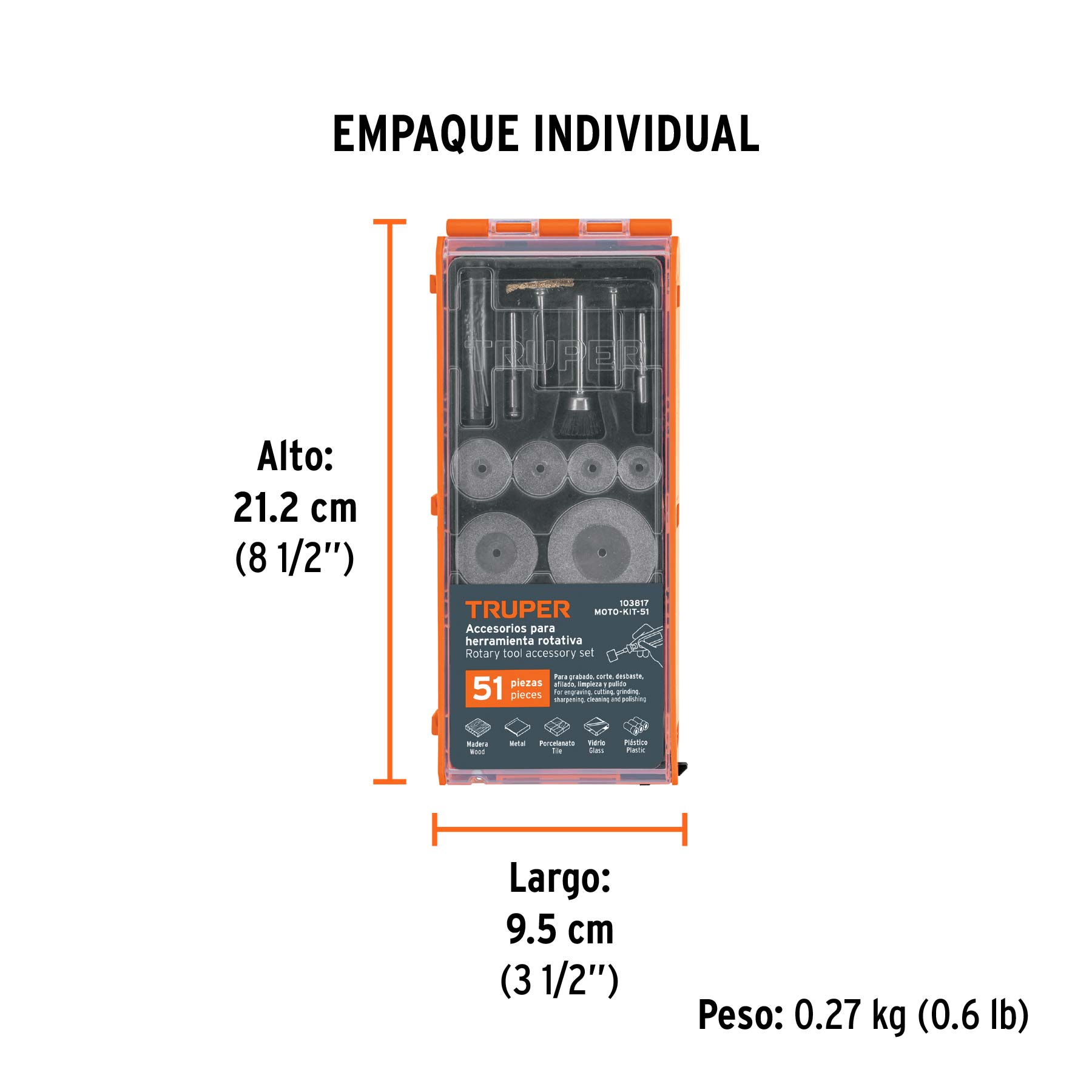 Kit de accesorios para herramienta rotativa, 51 pzas, TRUPER - Empaque