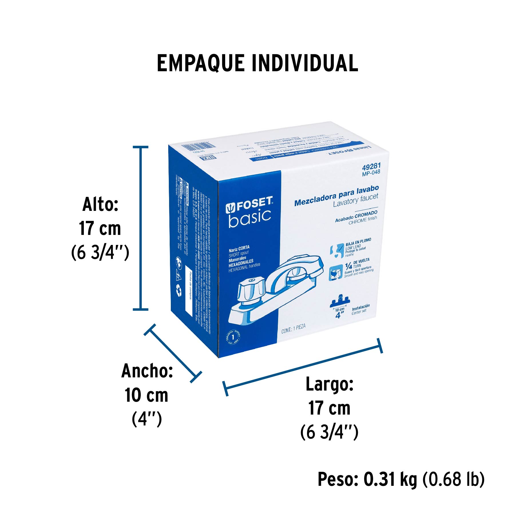 Mezcladora 4" lavabo, ABS, hexagonal, BASIC - Empaque