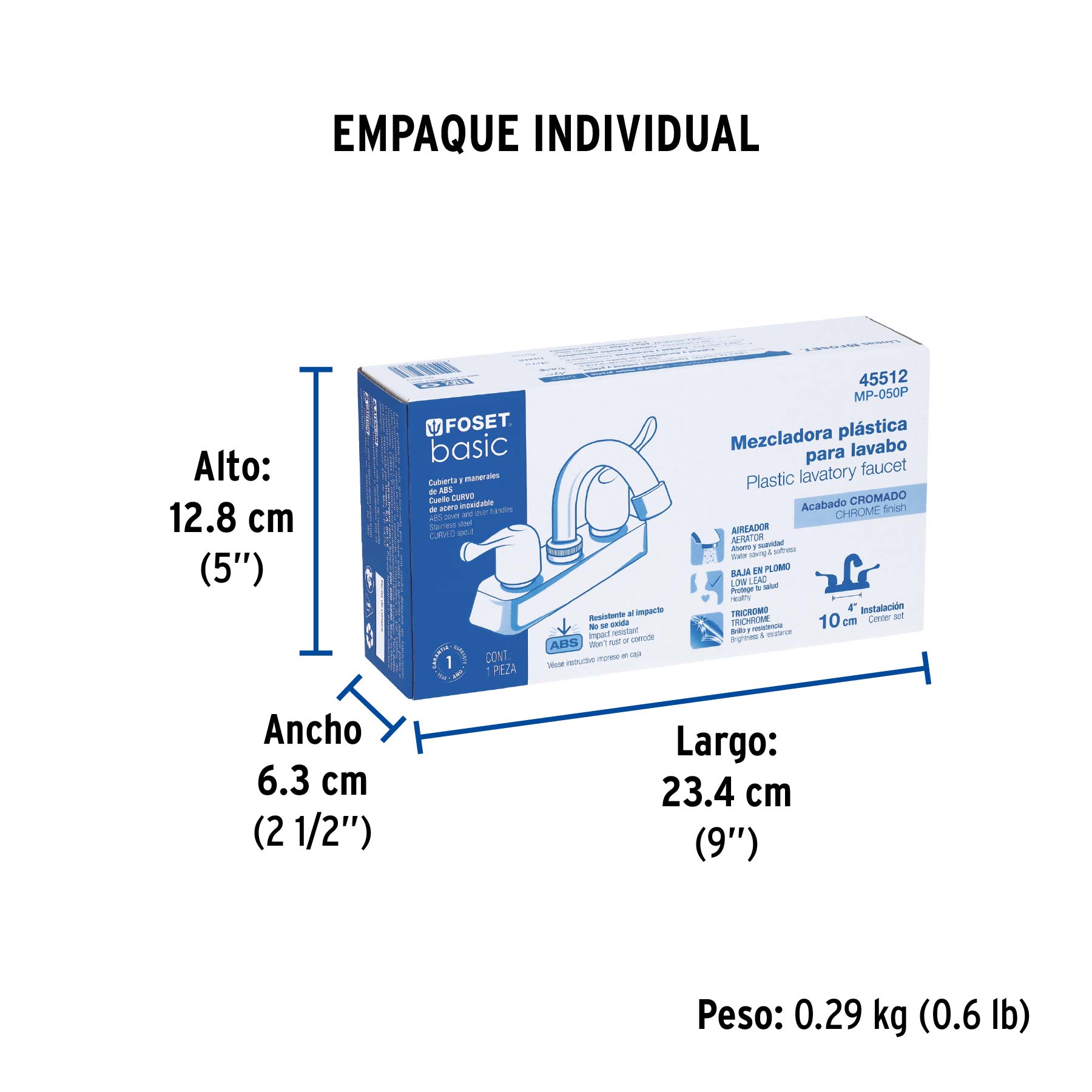 Mezcladora 4" lavabo, ABS, cuello curvo, palanca, BASIC - Empaque