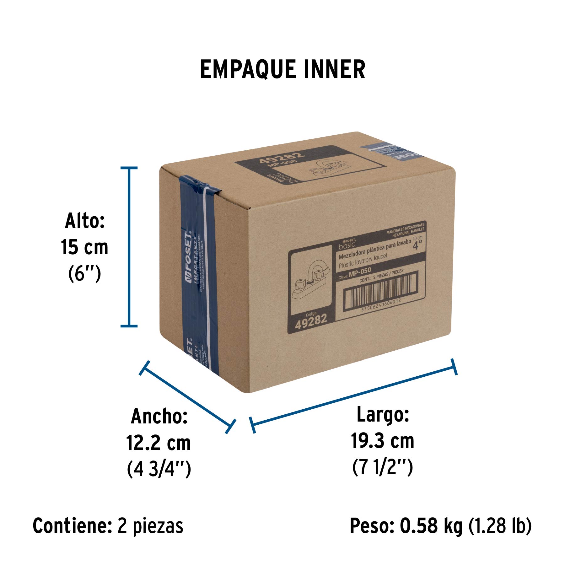 Mezcladora 4" lavabo, ABS, cuello curvo, hexagonal, BASIC - Empaque