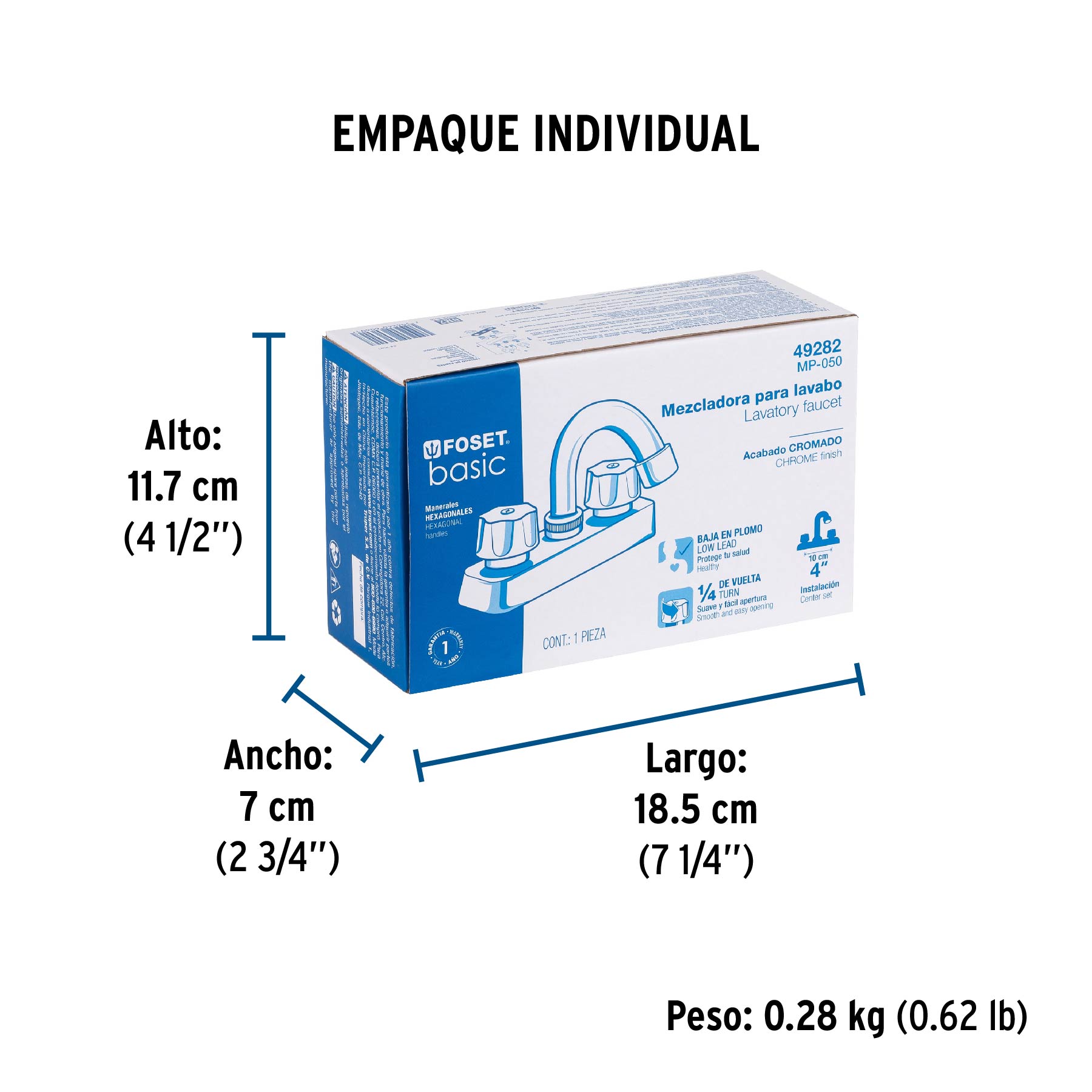 Mezcladora 4" lavabo, ABS, cuello curvo, hexagonal, BASIC - Empaque