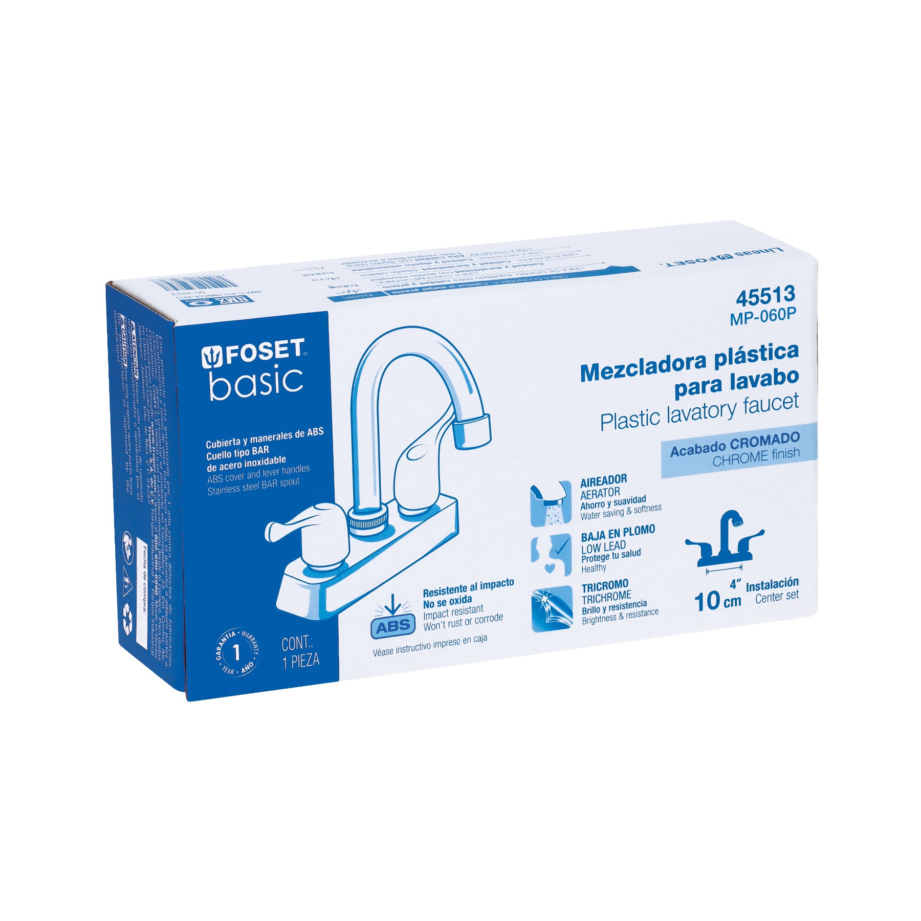 Mezcladora 4" lavabo, ABS, cuello bar, palanca, BASIC