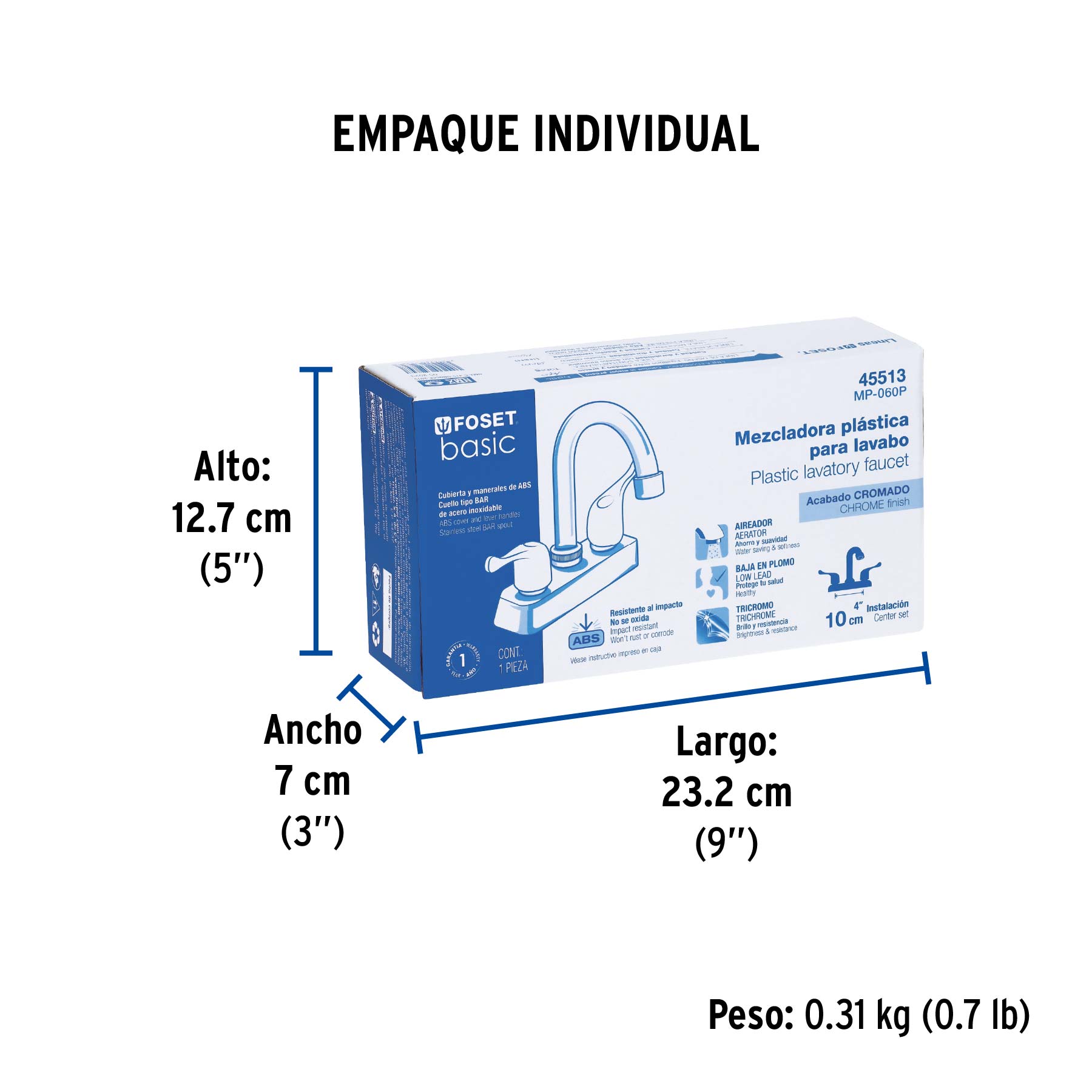 Mezcladora 4" lavabo, ABS, cuello bar, palanca, BASIC - Empaque