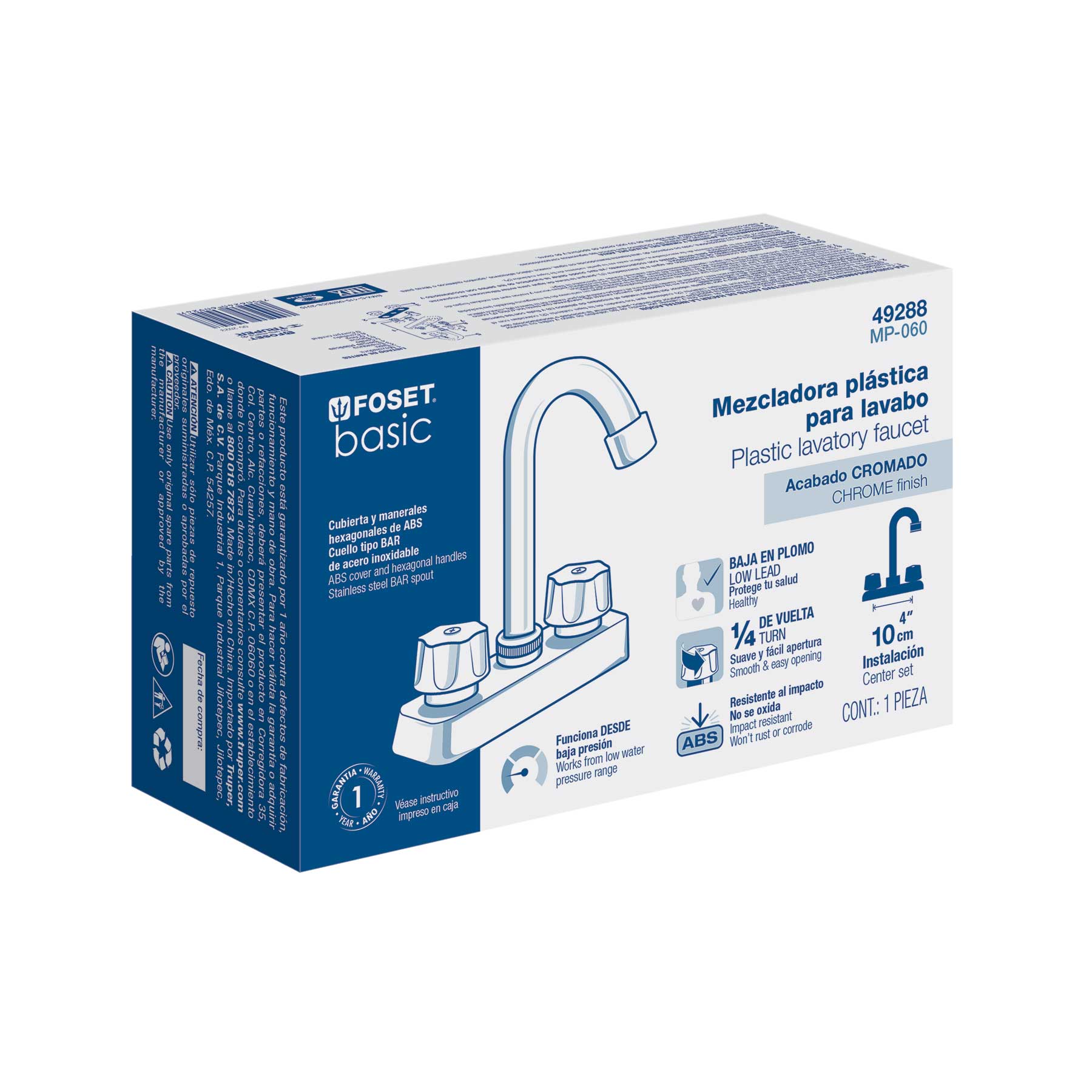 Mezcladora 4" lavabo, ABS, cuello bar, hexagonal, BASIC