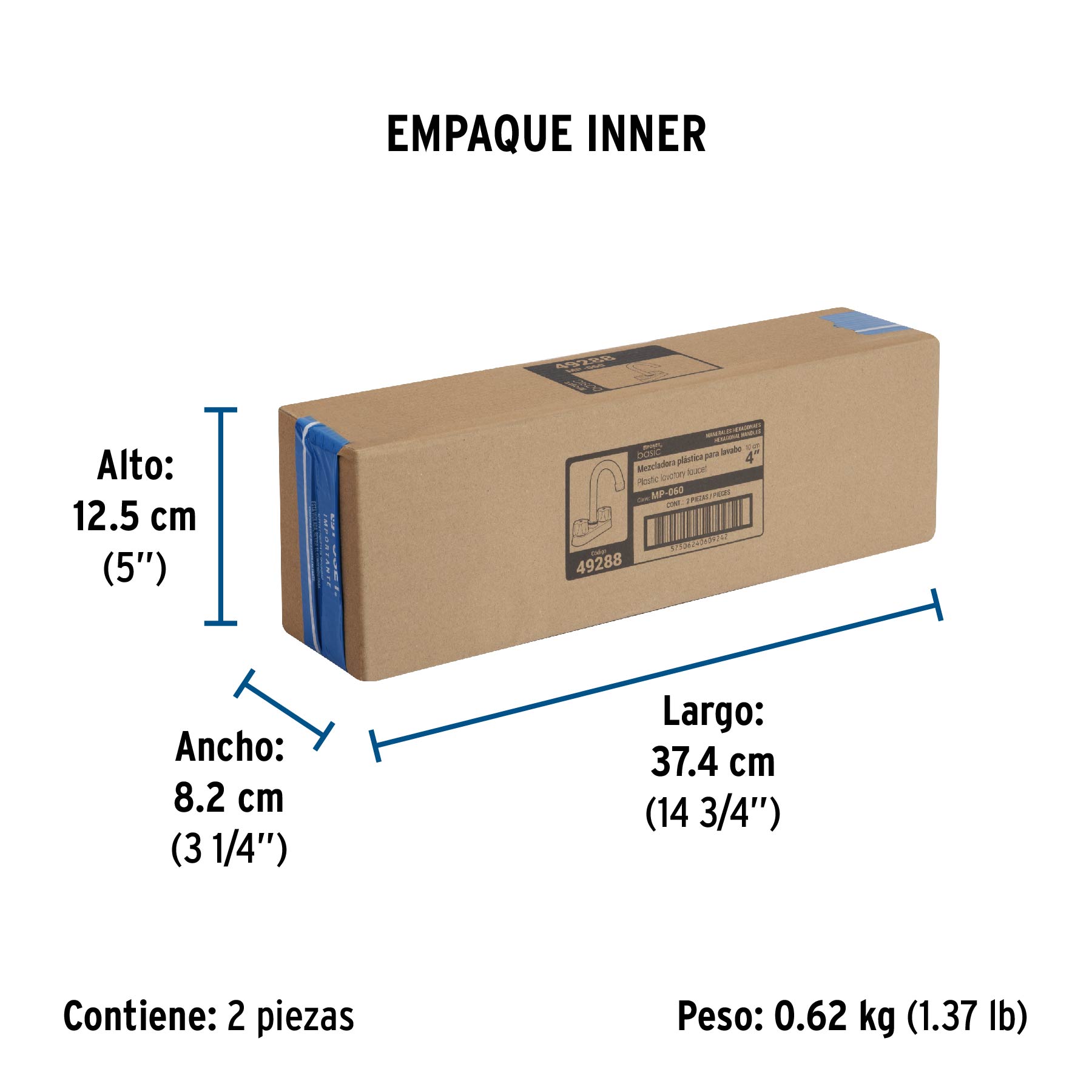 Mezcladora 4" lavabo, ABS, cuello bar, hexagonal, BASIC - Empaque
