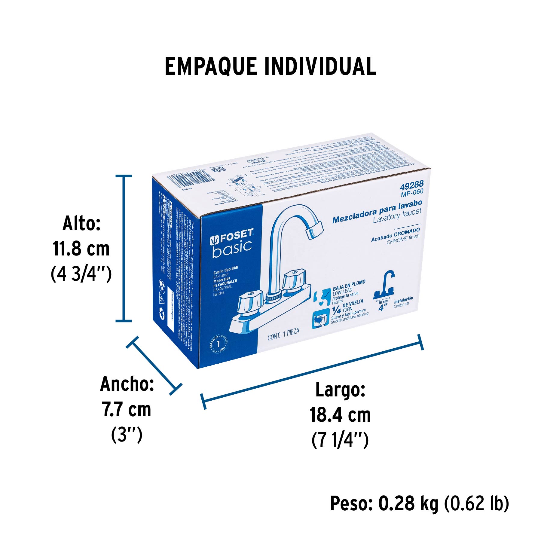 Mezcladora 4" lavabo, ABS, cuello bar, hexagonal, BASIC - Empaque