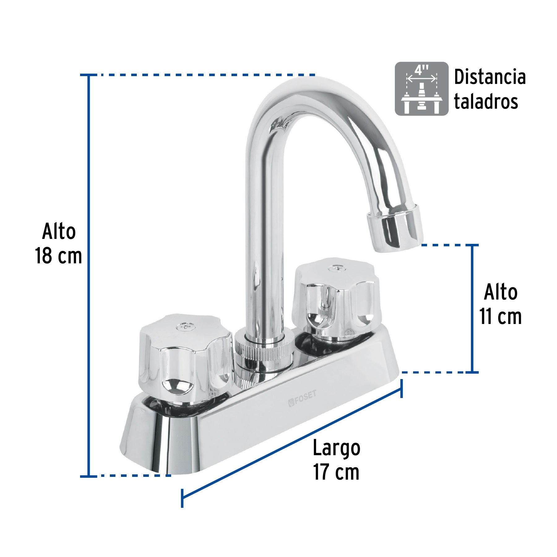 Mezcladora 4" lavabo, ABS, cuello bar, hexagonal, BASIC