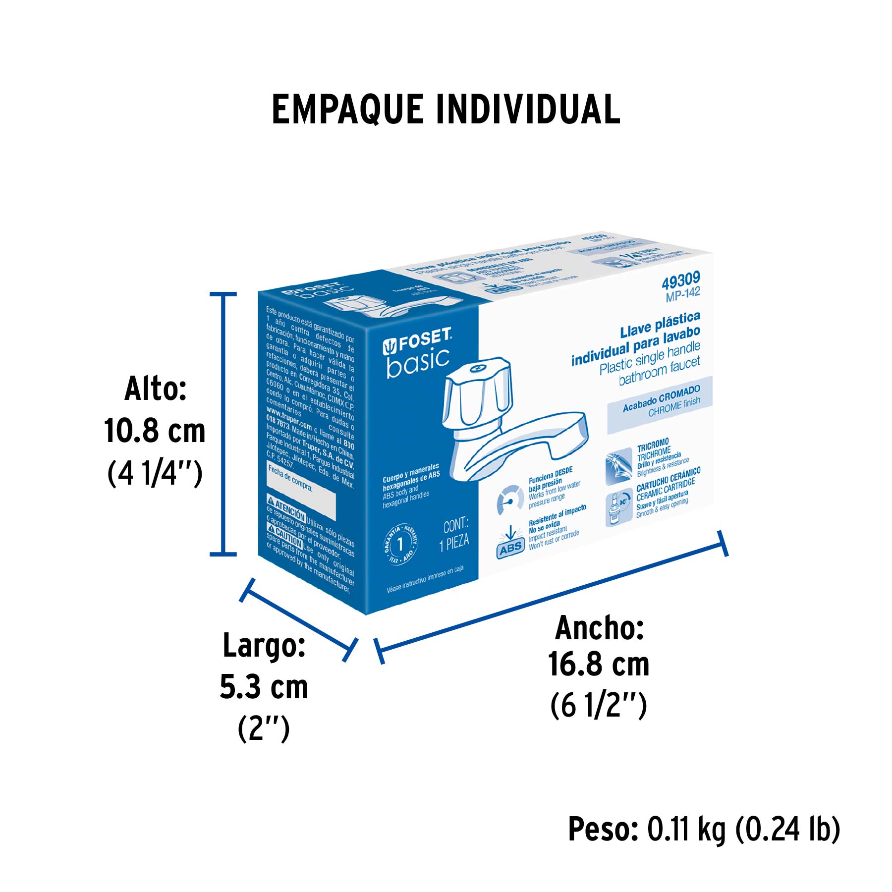 Llave individual lavabo, ABS, hexagonal, BASIC - Empaque