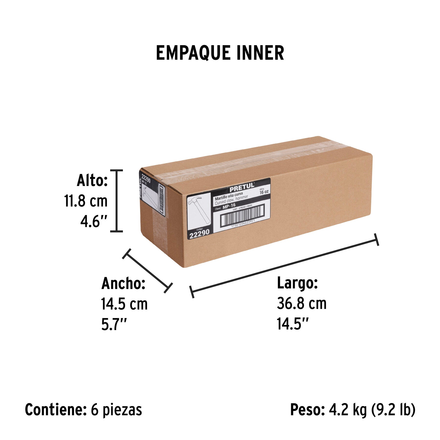 Martillo semipulido, 16 oz, uña curva, PRETUL - Empaque