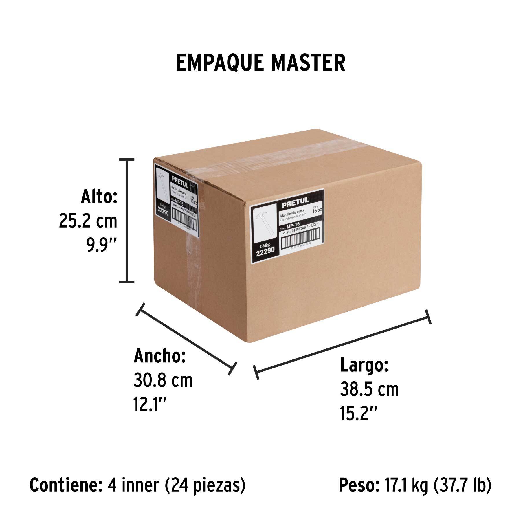 Martillo semipulido, 16 oz, uña curva, PRETUL - Empaque