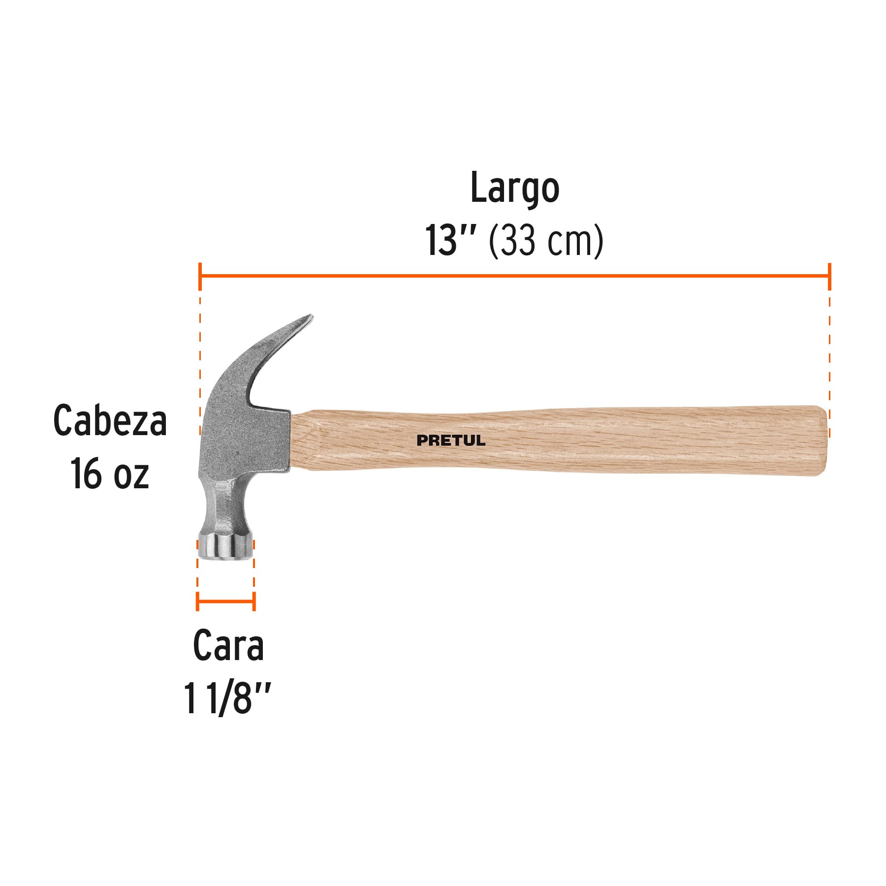 Martillo semipulido, 16 oz, uña curva, PRETUL