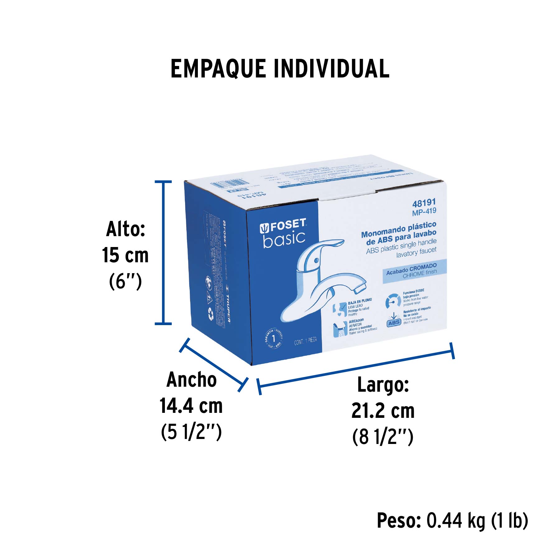 Monomando lavabo, ABS, nariz curva, BASIC - Empaque