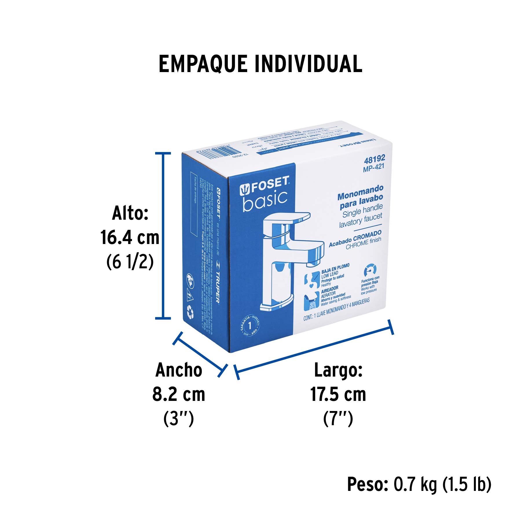 Monomando lavabo, ABS, nariz recta, BASIC - Empaque