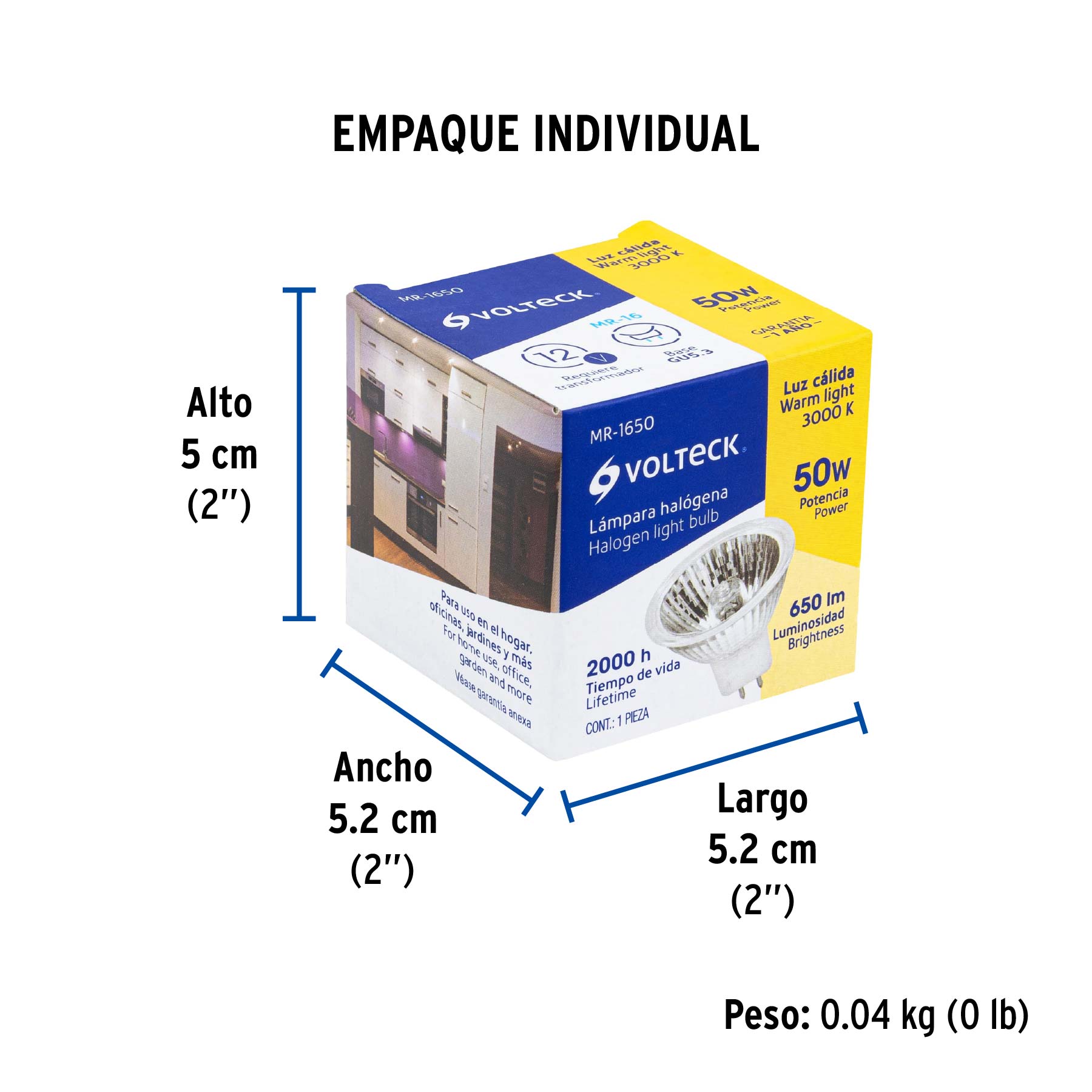 Lámpara de halógeno 50 W tipo MR 16 base GU5.3, VOLTECK - Empaque