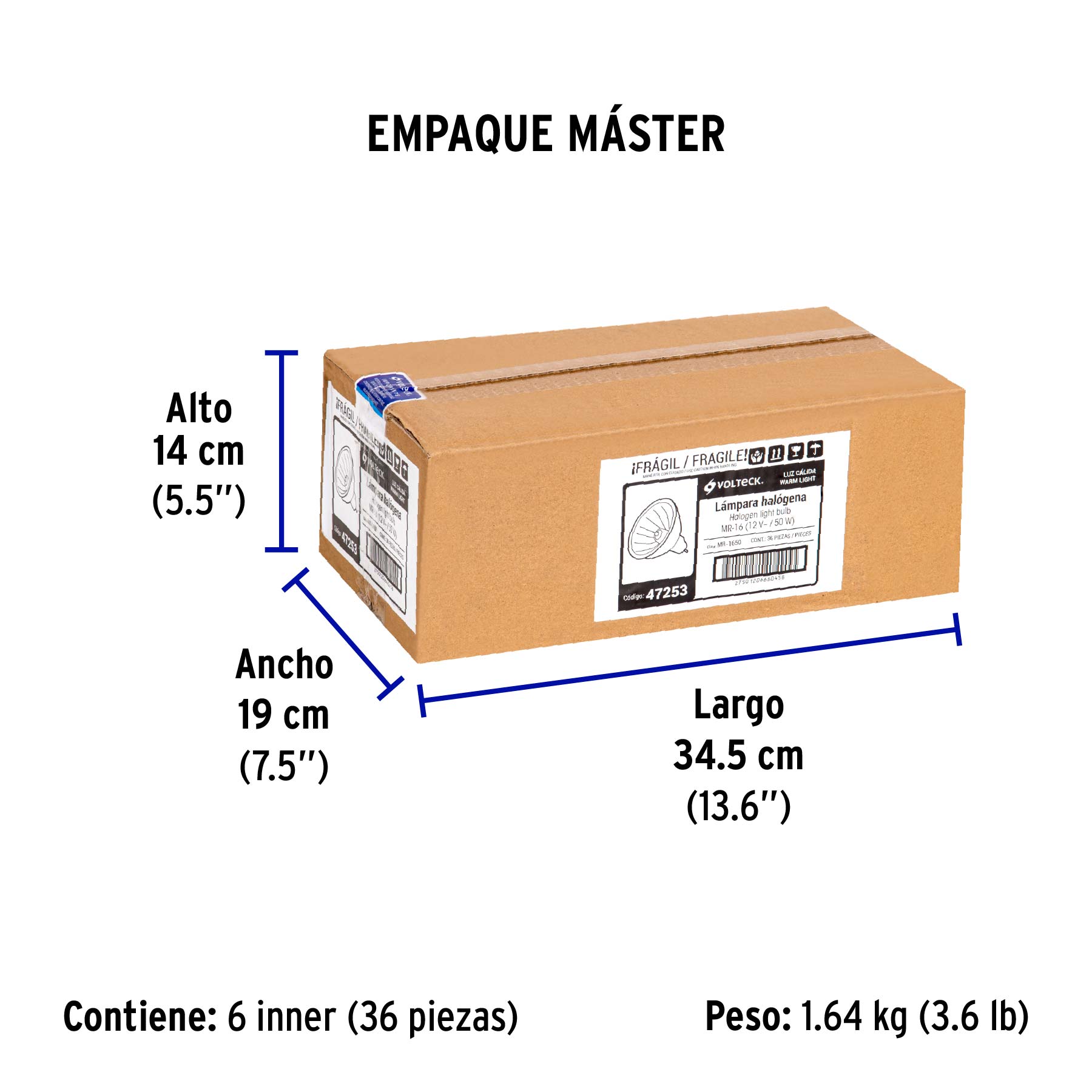 Lámpara de halógeno 50 W tipo MR 16 base GU5.3, VOLTECK - Empaque