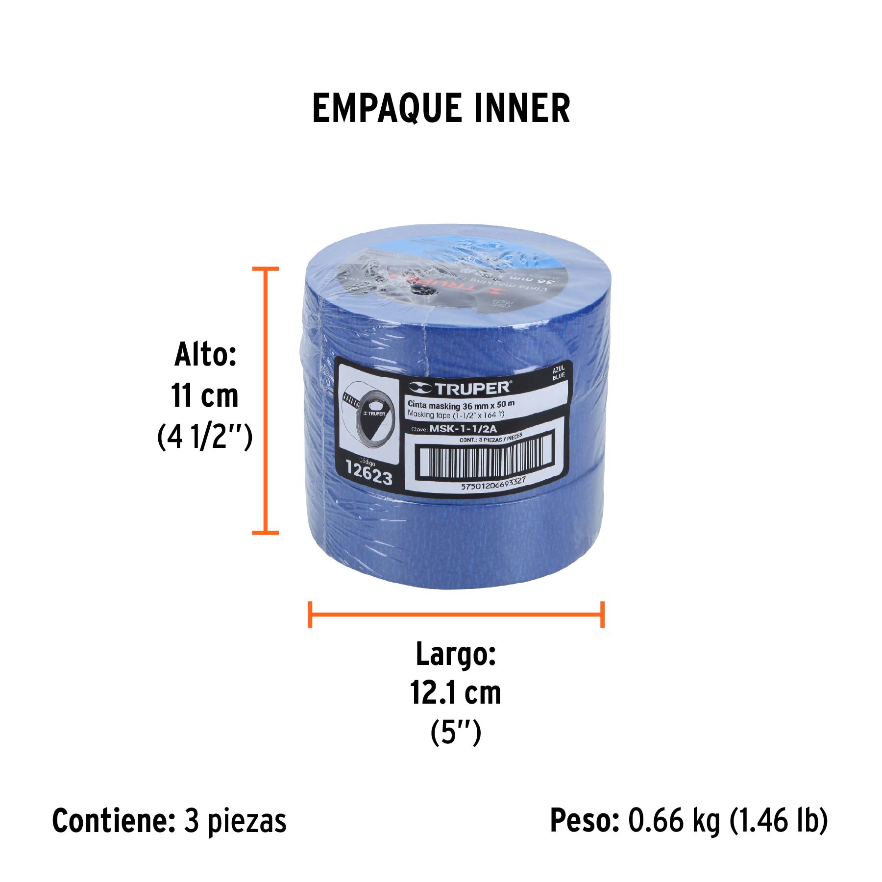 Cinta masking tape azul de 1-1/2" x 50 m para pintor, TRUPER - Empaque