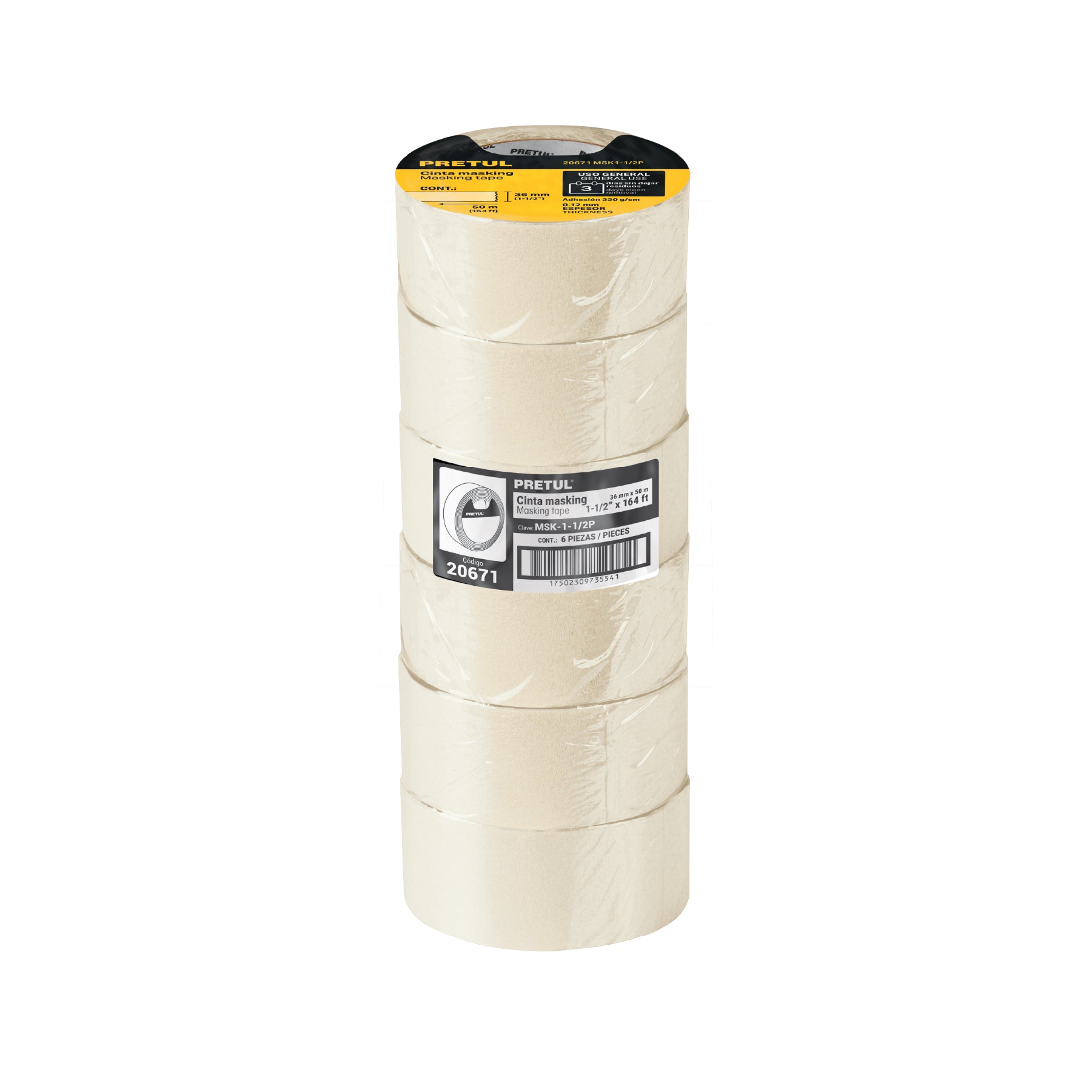 Cinta masking tape de 1-1/2" x 50 m, PRETUL