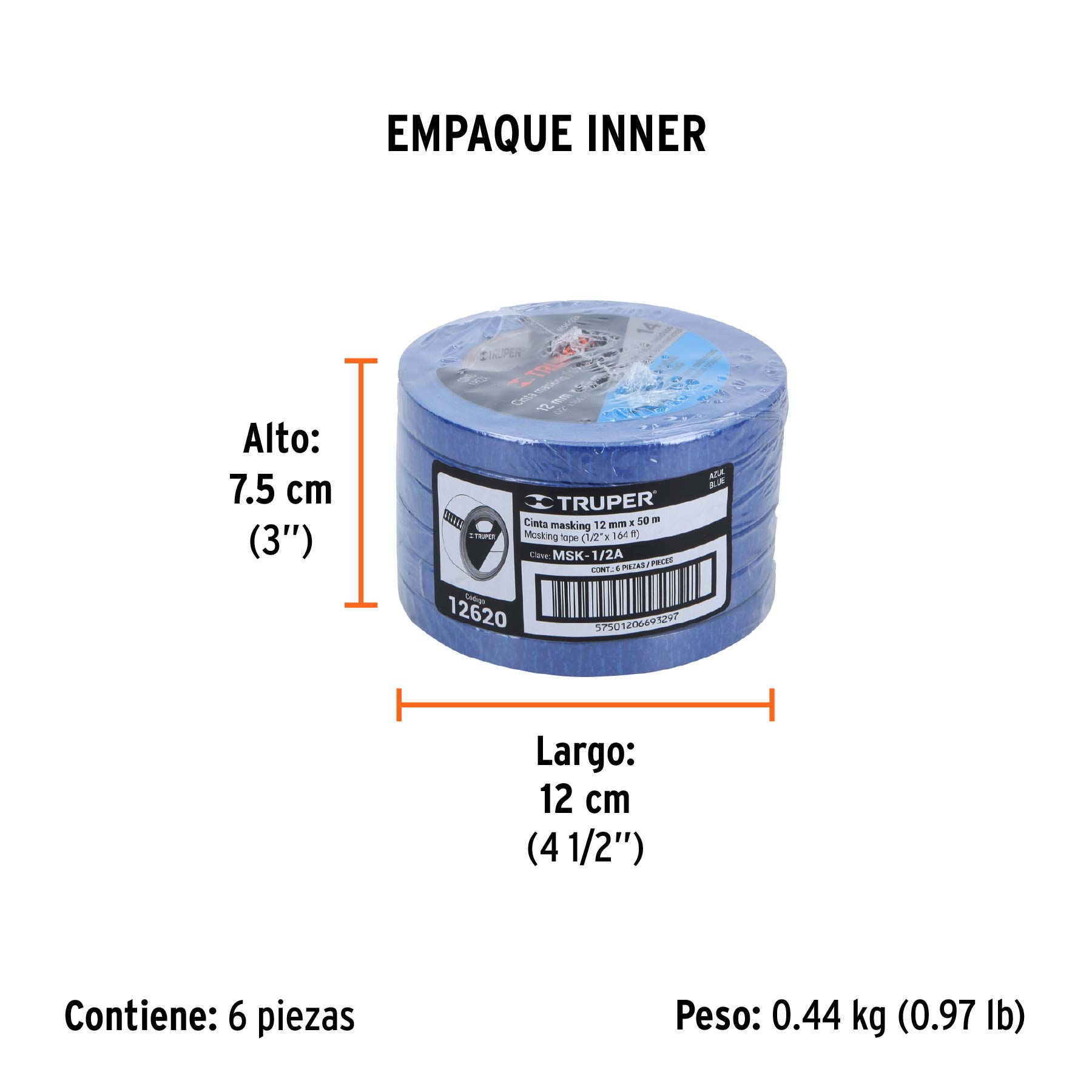 Cinta masking tape azul de 1/2" x 50 m para pintor, TRUPER - Empaque