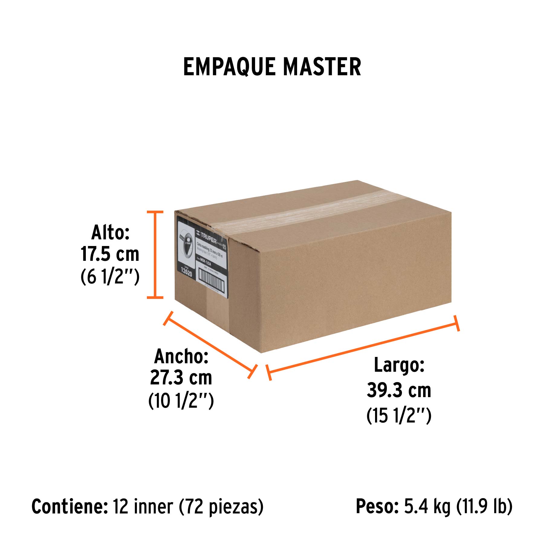 Cinta masking tape azul de 1/2" x 50 m para pintor, TRUPER - Empaque