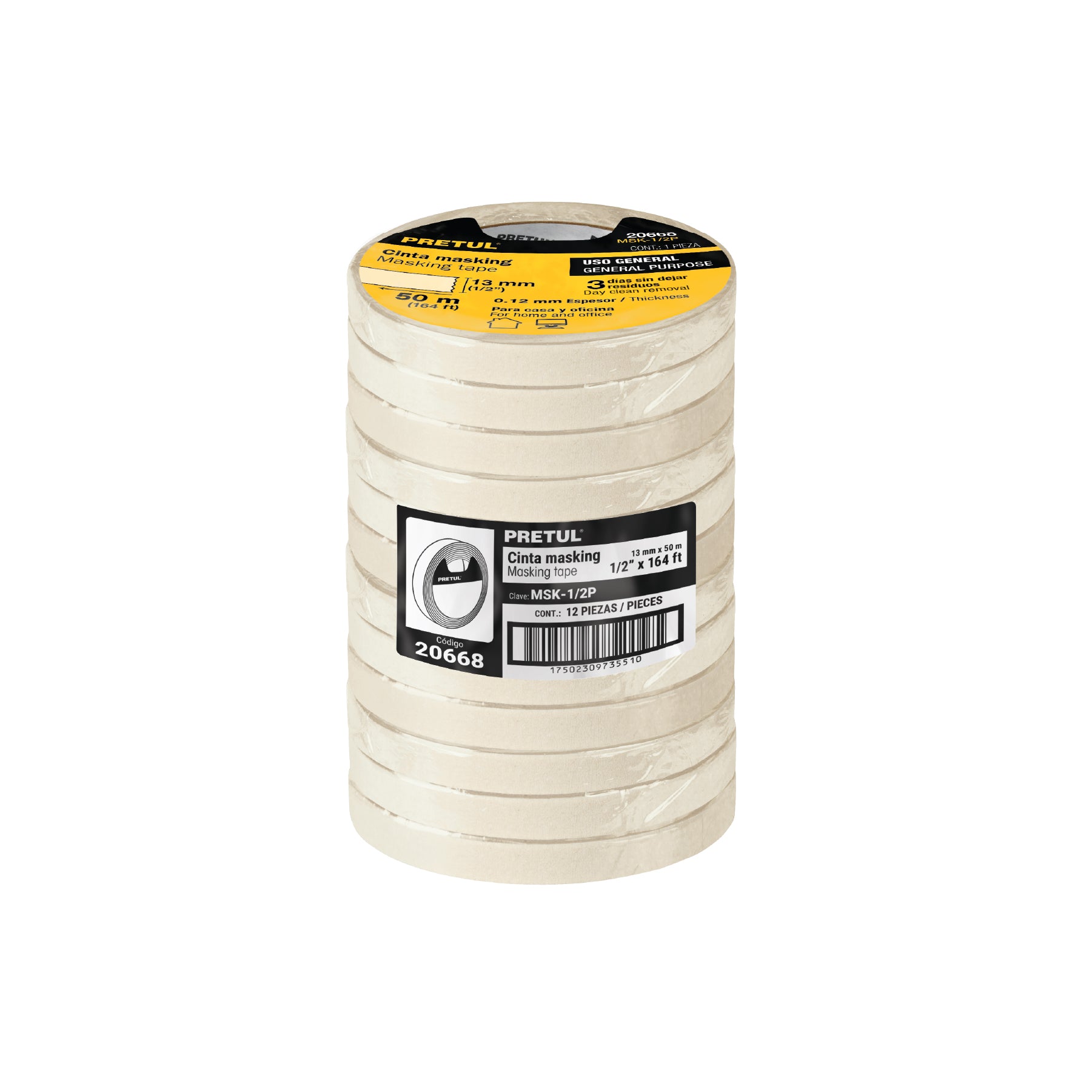 Cinta masking tape de 1/2" x 50 m, PRETUL