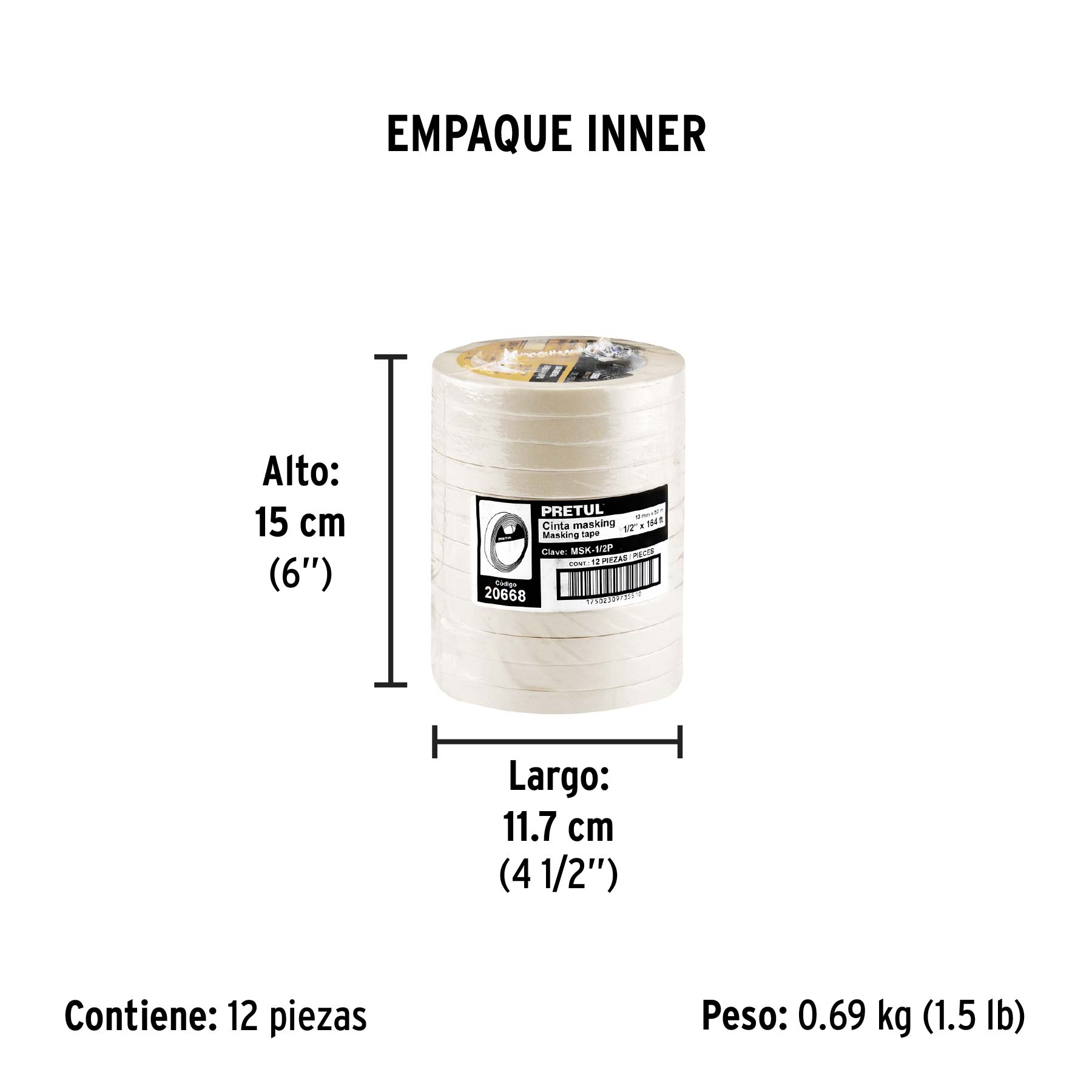 Cinta masking tape de 1/2" x 50 m, PRETUL - Empaque