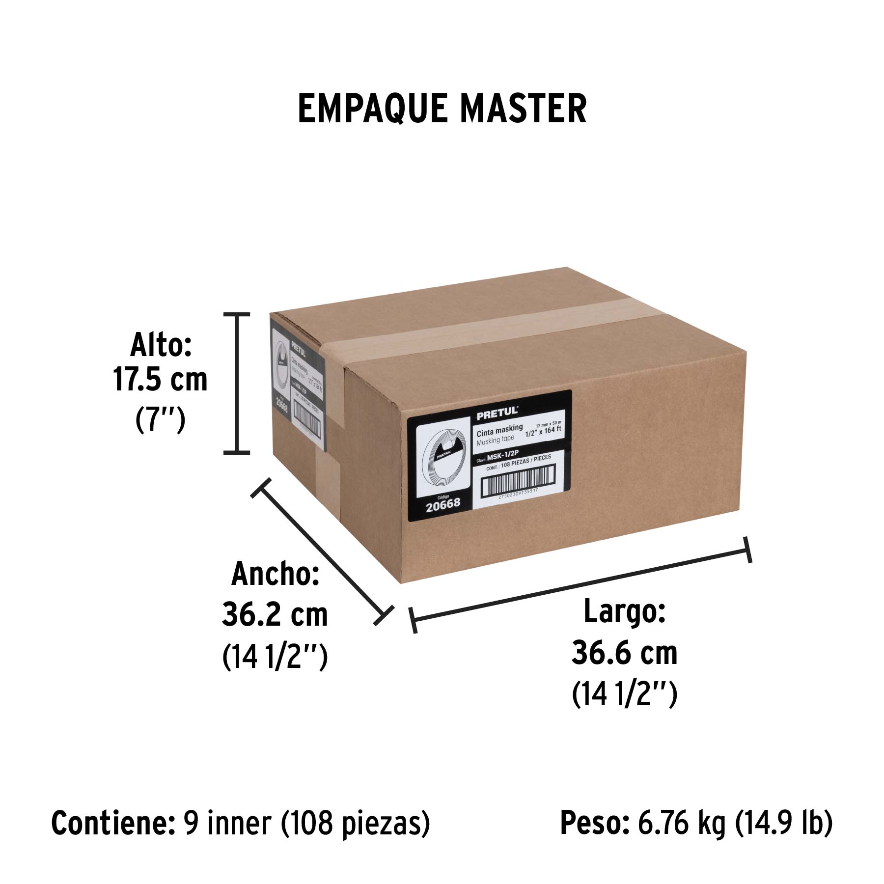 Cinta masking tape de 1/2" x 50 m, PRETUL - Empaque