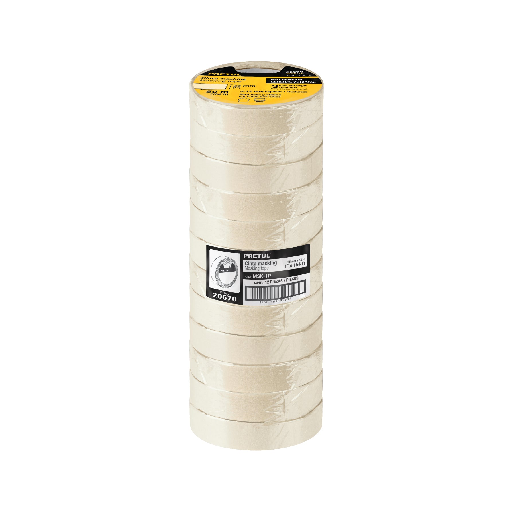 Cinta masking tape de 1" x 50 m, PRETUL