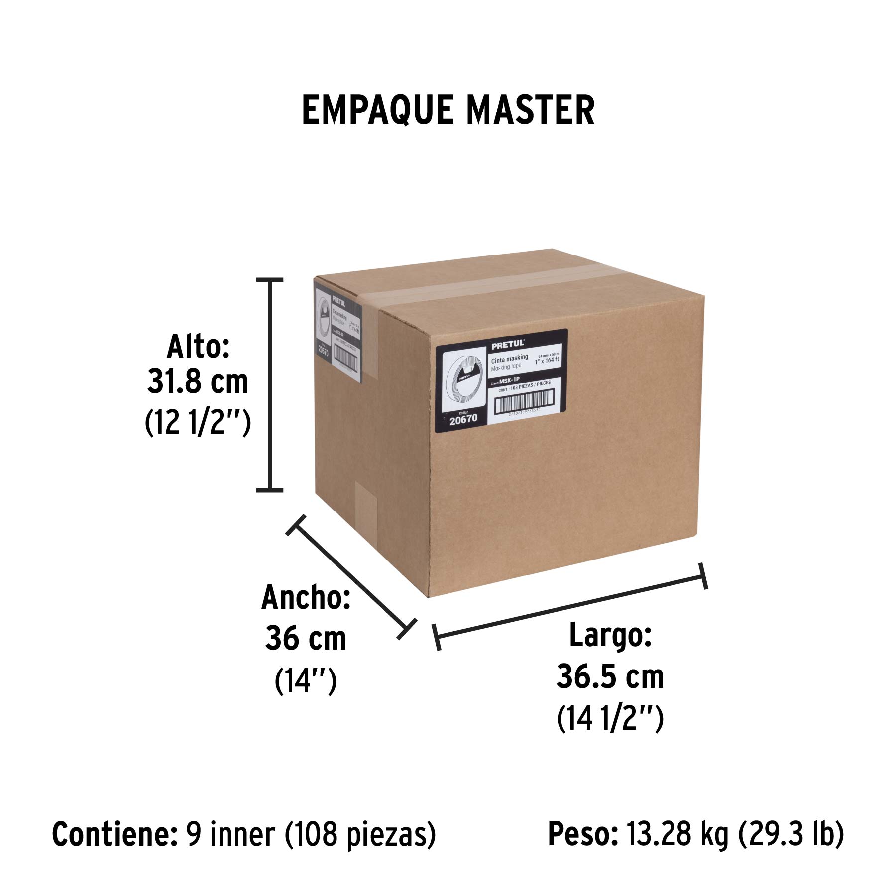 Cinta masking tape de 1" x 50 m, PRETUL - Empaque