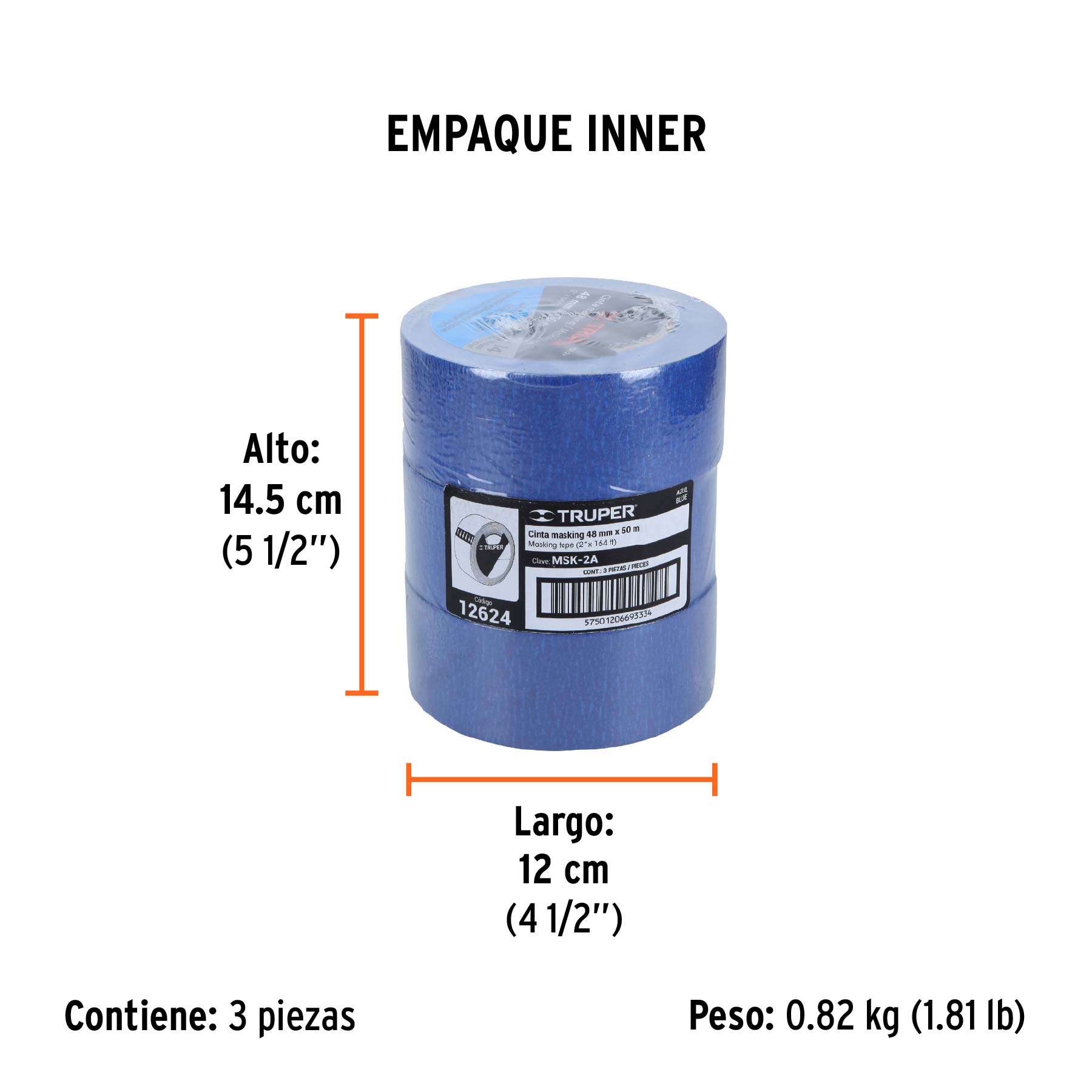 Cinta masking tape azul de 2" x 50 m para pintor, TRUPER - Empaque